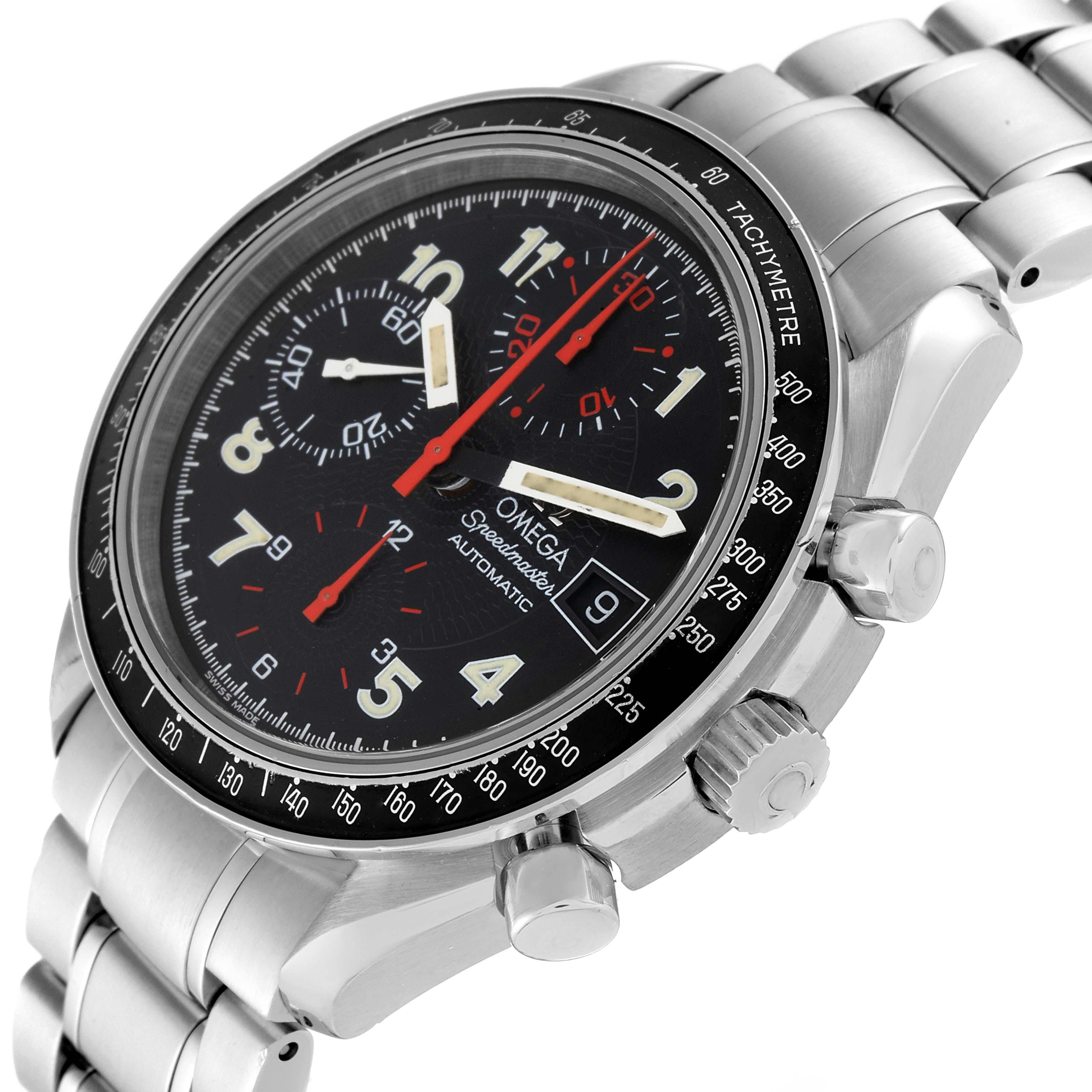 The image shows a close-up, angled view of an Omega Speedmaster 3513.53.00 Men's Stainless Steel Black Dial 3513.53.00 Men's Stainless Steel Black Dial watch, highlighting its face, bezel, crown, pushers, and bracelet.