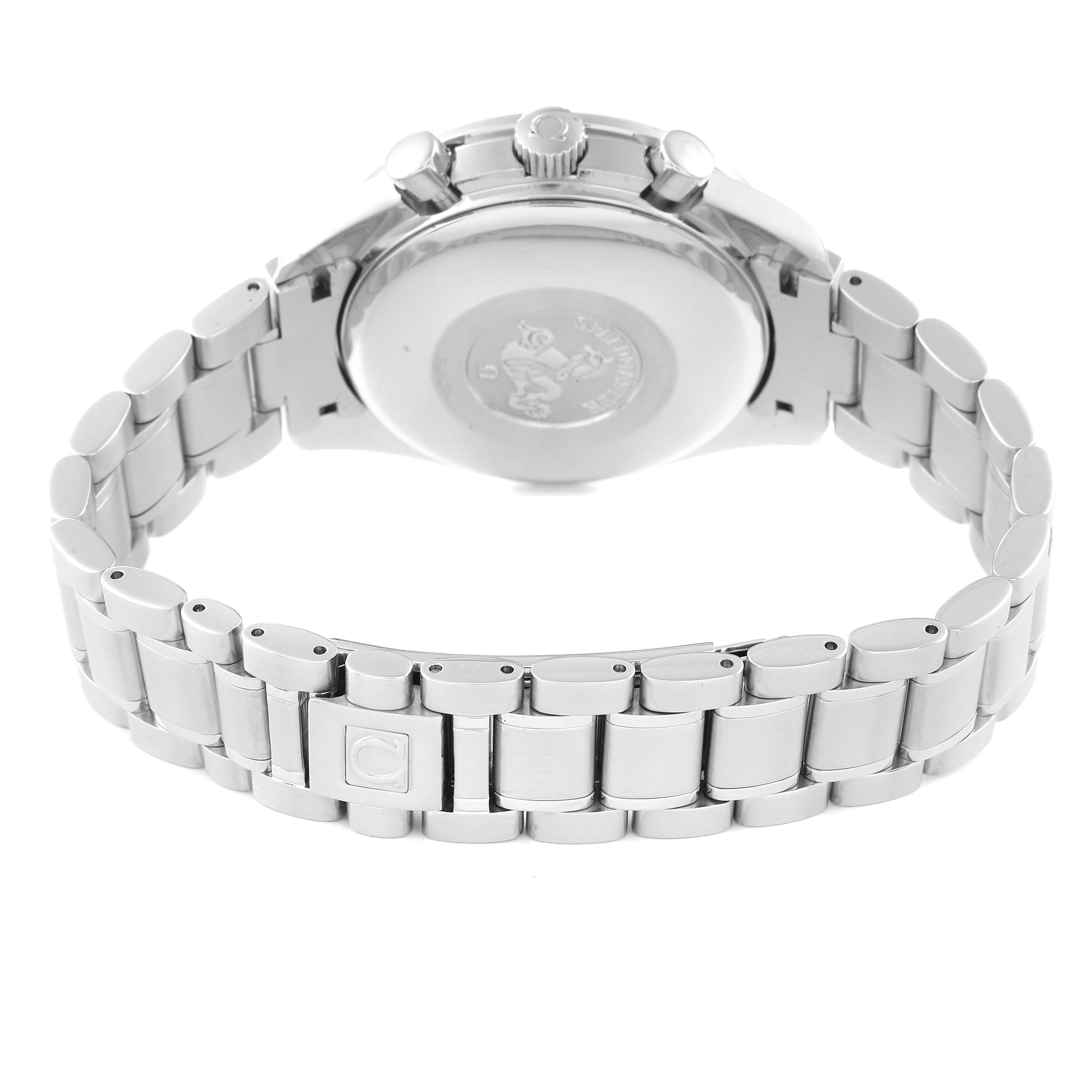 The image shows the stainless steel bracelet and closed case back of the Omega Speedmaster 3513.53.00 Men's Stainless Steel Black Dial 3513.53.00 Men's Stainless Steel Black Dial watch from a rear angle.