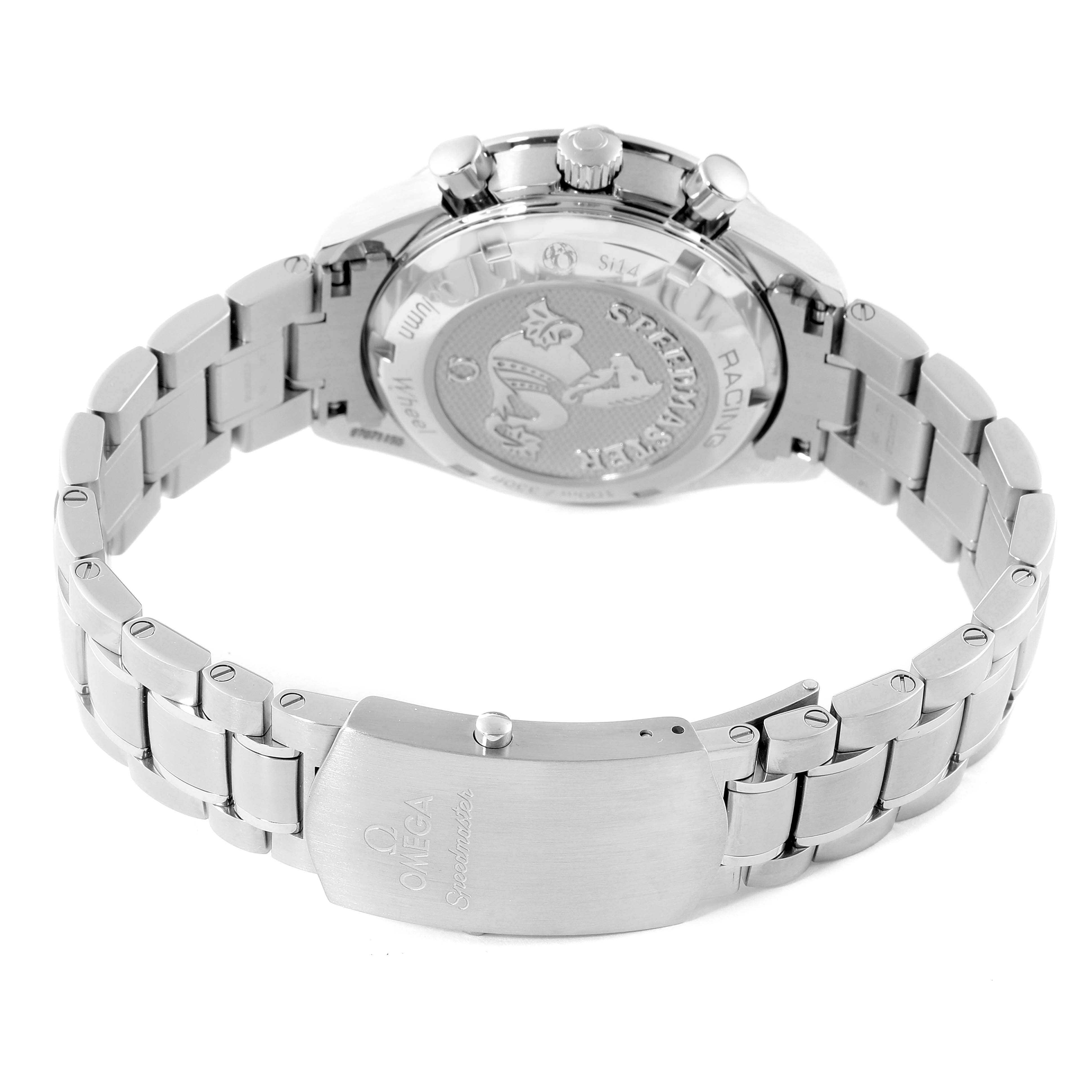 This image shows the back case and bracelet clasp of the Omega Speedmaster 326.30.40.50.02.001 Men's Stainless Steel Silver Dial 326.30.40.50.02.001 Men's Stainless Steel Silver Dial watch from a rear angle.