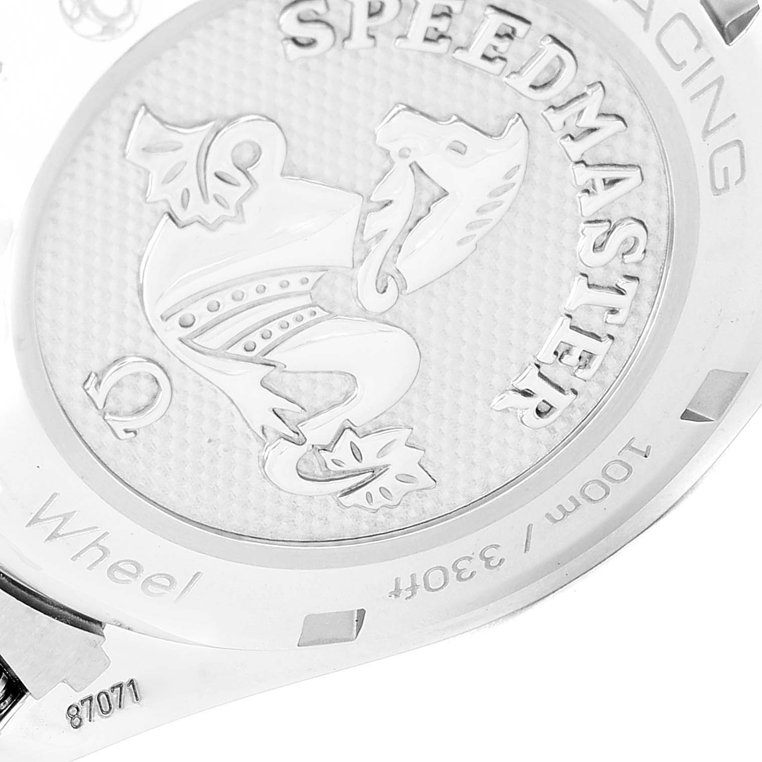 The image shows the engraved case back of an Omega Speedmaster 326.30.40.50.02.001 Men's Stainless Steel Silver Dial 326.30.40.50.02.001 Men's Stainless Steel Silver Dial watch, highlighting the brand logo and model name.