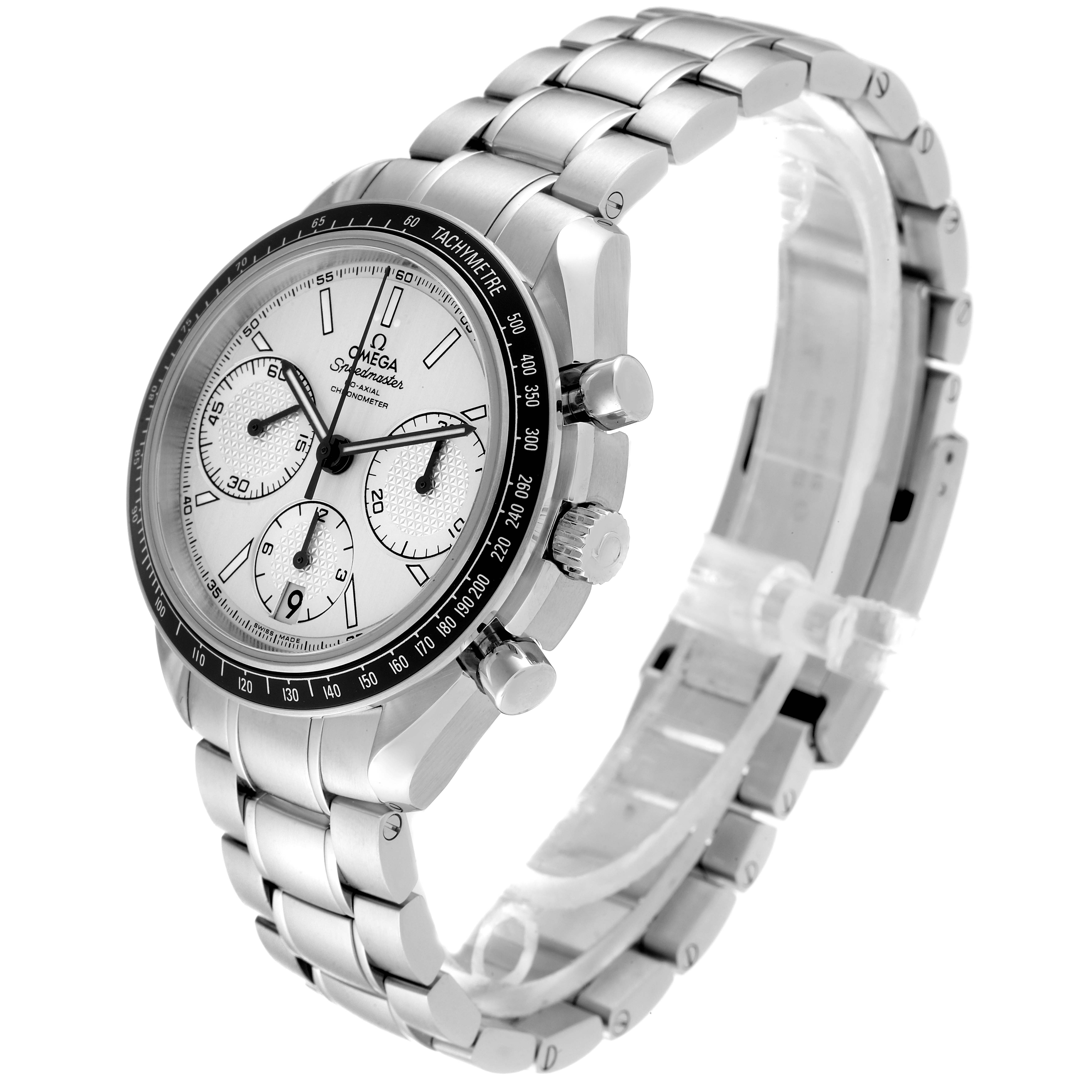 This image shows an angled view of the Omega Speedmaster 326.30.40.50.02.001 Men's Stainless Steel Silver Dial 326.30.40.50.02.001 Men's Stainless Steel Silver Dial, highlighting its face, chronograph subdials, bezel, and metal bracelet.