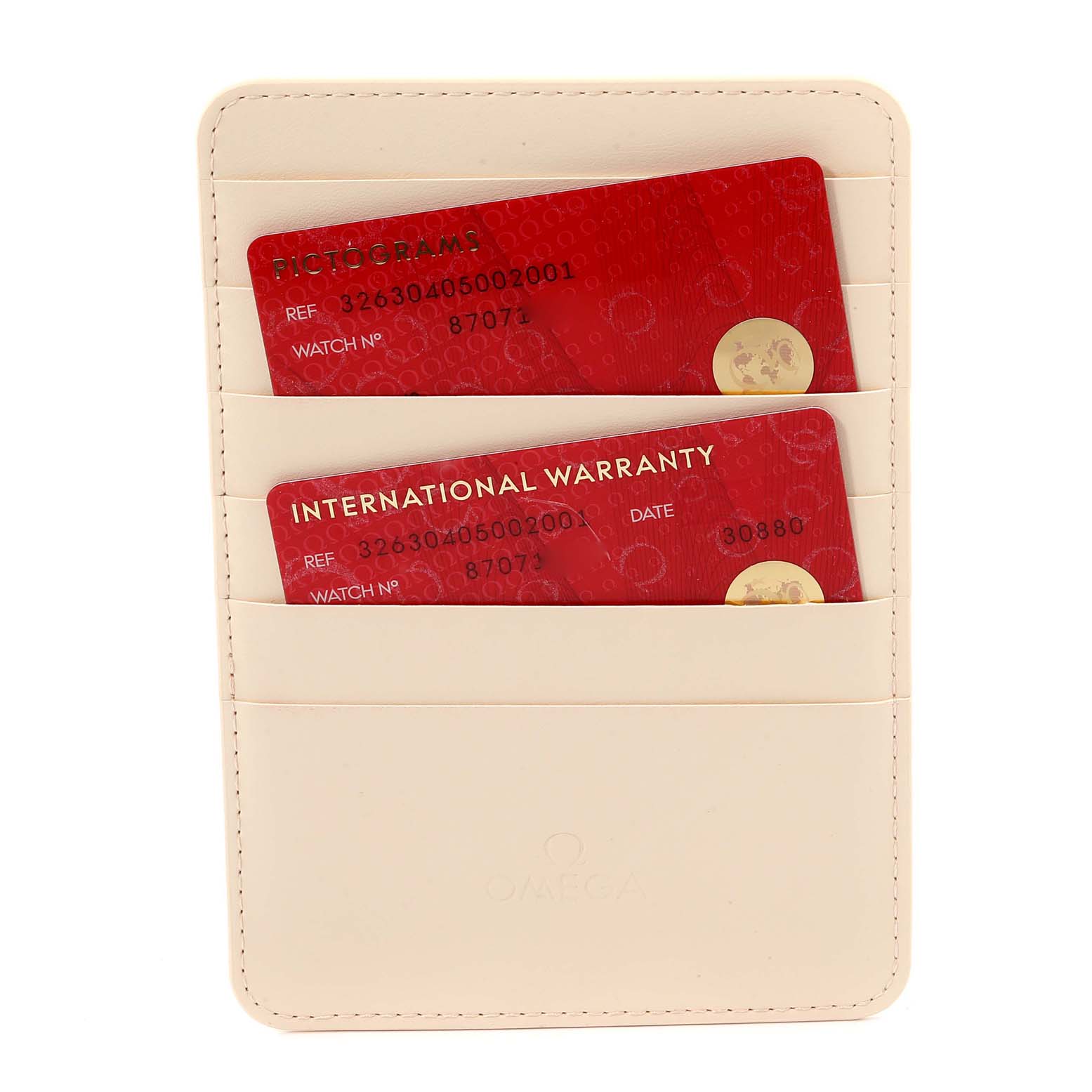 The image shows the warranty cards for the Omega Speedmaster 326.30.40.50.02.001 Men's Stainless Steel Silver Dial 326.30.40.50.02.001 Men's Stainless Steel Silver Dial model, placed in a beige cardholder.