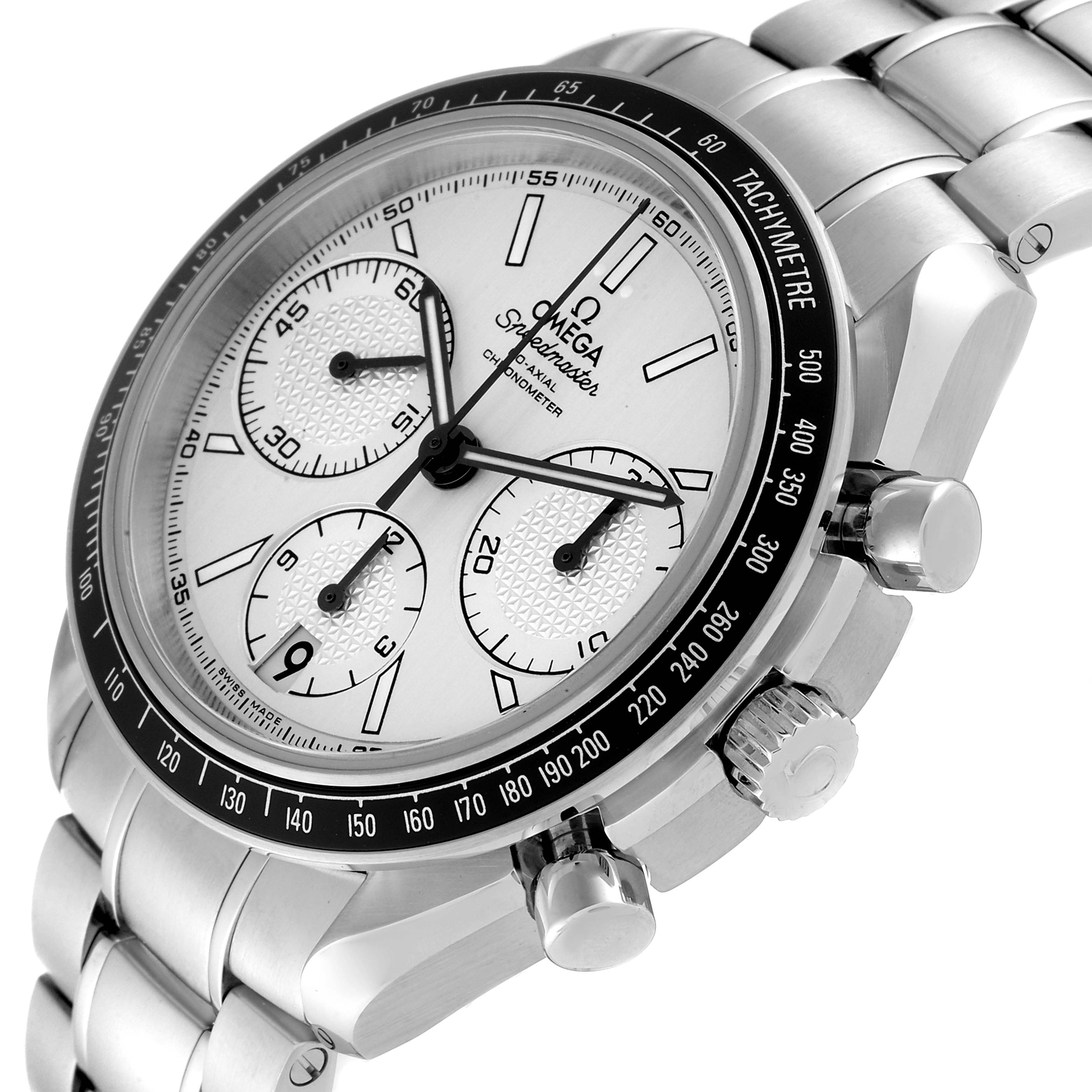 The image shows the Omega Speedmaster 326.30.40.50.02.001 Men's Stainless Steel Silver Dial 326.30.40.50.02.001 Men's Stainless Steel Silver Dial watch from a three-quarter angle, highlighting its dial, tachymeter bezel, buttons, and bracelet.