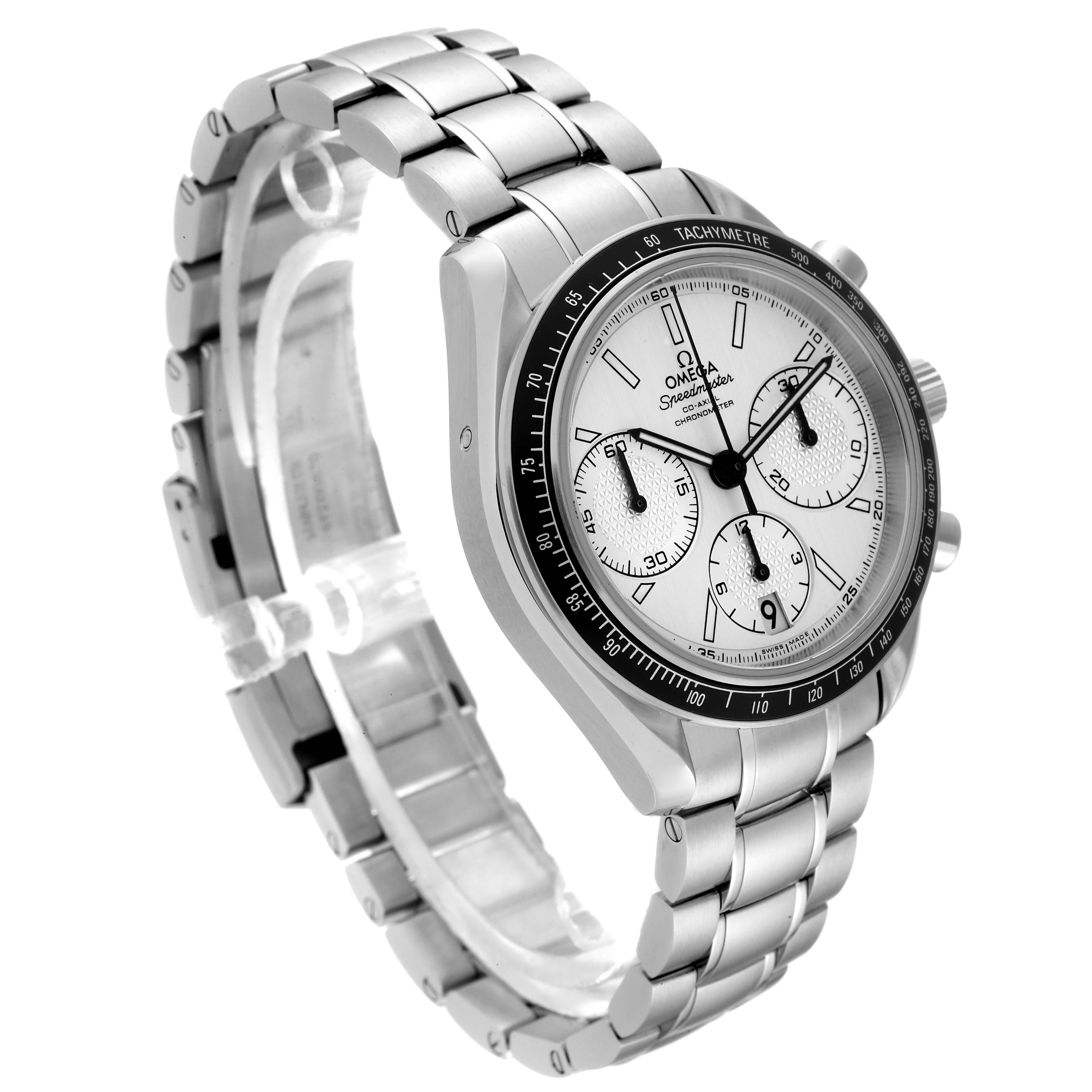 The Omega Speedmaster 326.30.40.50.02.001 Men's Stainless Steel Silver Dial 326.30.40.50.02.001 Men's Stainless Steel Silver Dial watch is shown at a three-quarter angle, displaying the face, bezel, and bracelet.