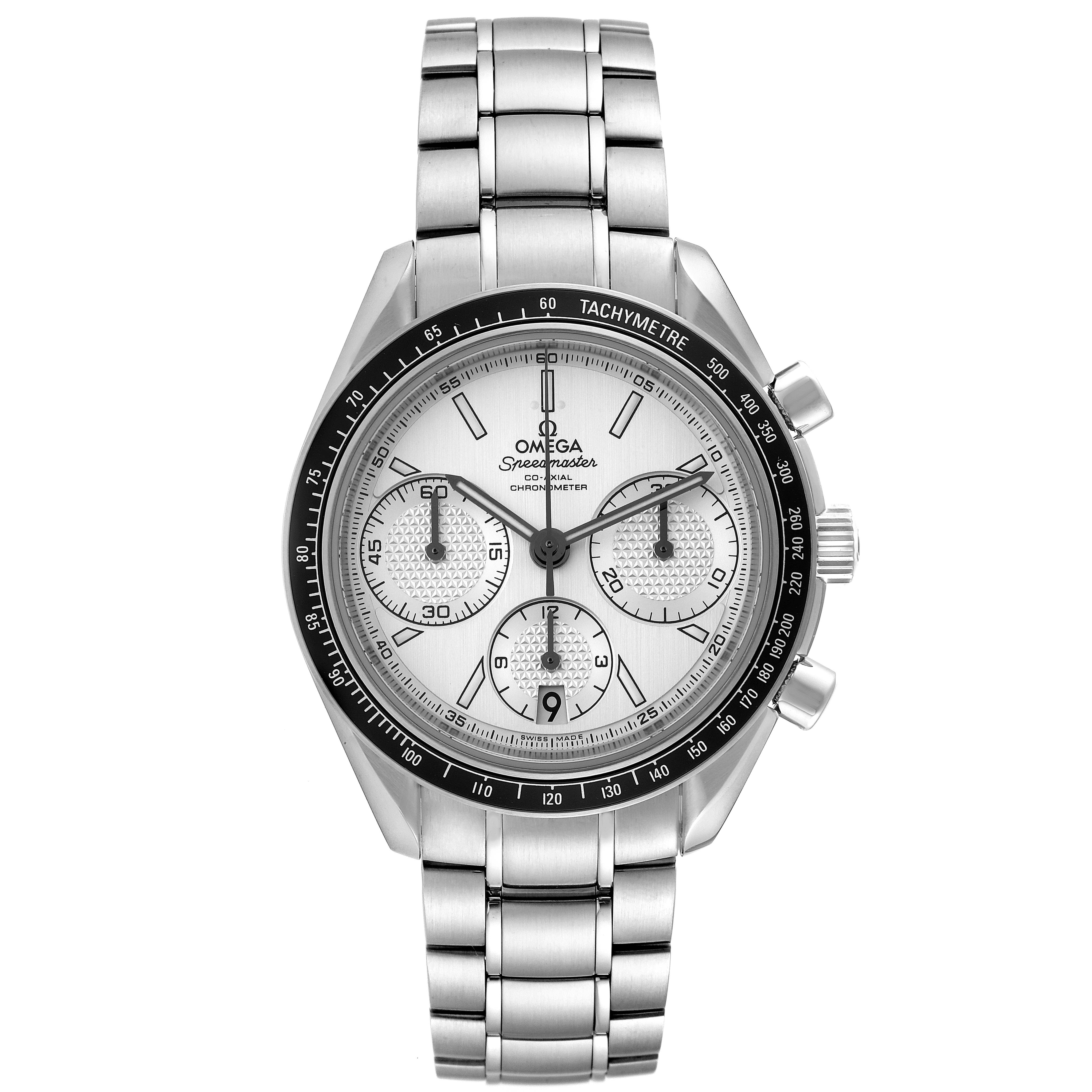 Front view of the Omega Speedmaster 326.30.40.50.02.001 Men's Stainless Steel Silver Dial 326.30.40.50.02.001 Men's Stainless Steel Silver Dial watch, showing the dial, bezel, pushers, and bracelet.