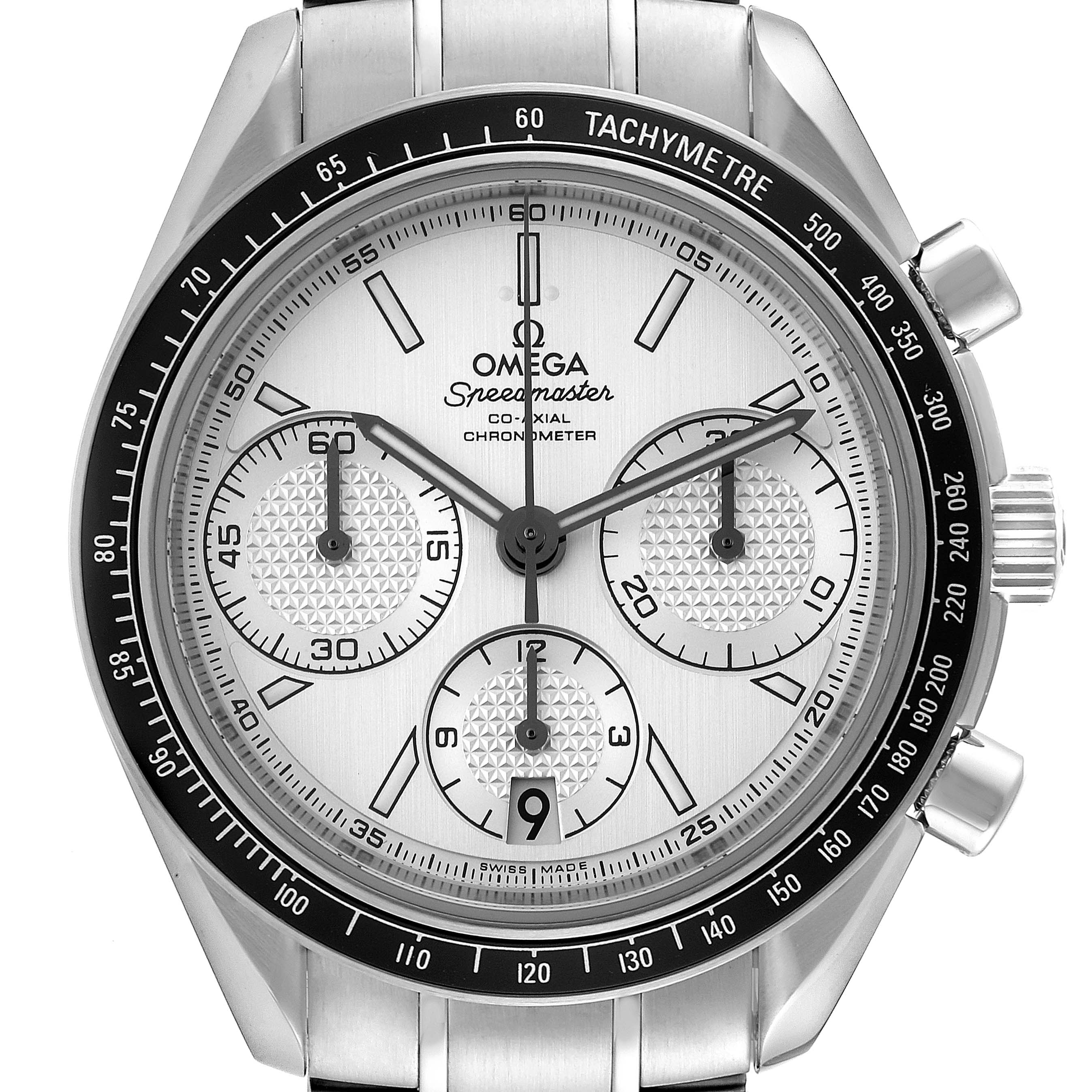 The Omega Speedmaster 326.30.40.50.02.001 Men's Stainless Steel Silver Dial 326.30.40.50.02.001 Men's Stainless Steel Silver Dial watch is shown from a front angle, highlighting its dial, tachymeter bezel, and chronograph subdials.