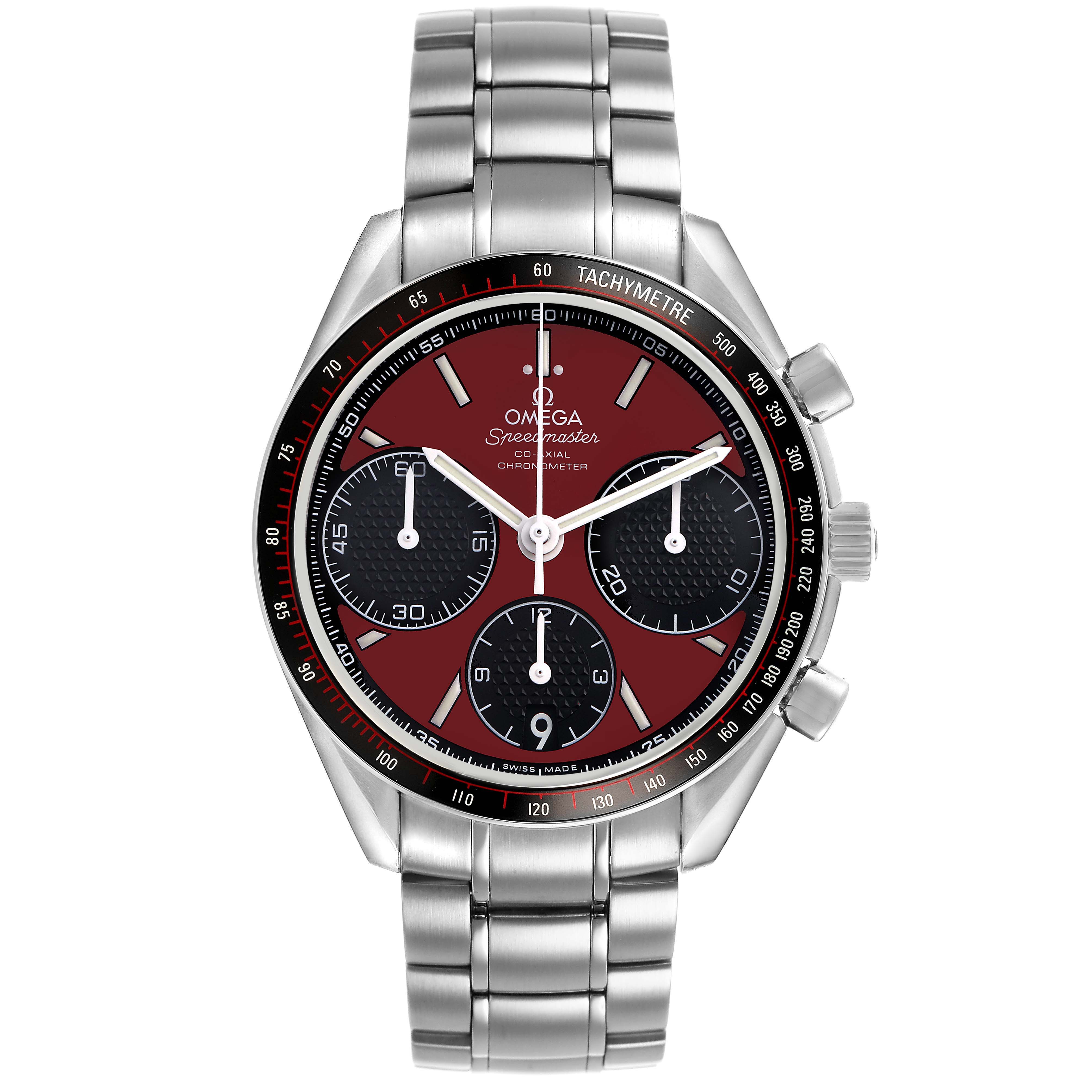 The Omega Speedmaster 326.30.40.50.11.001 Men's Stainless Steel Red Dial watch is shown from the front, displaying the dial, bezel, pushers, and stainless steel bracelet.