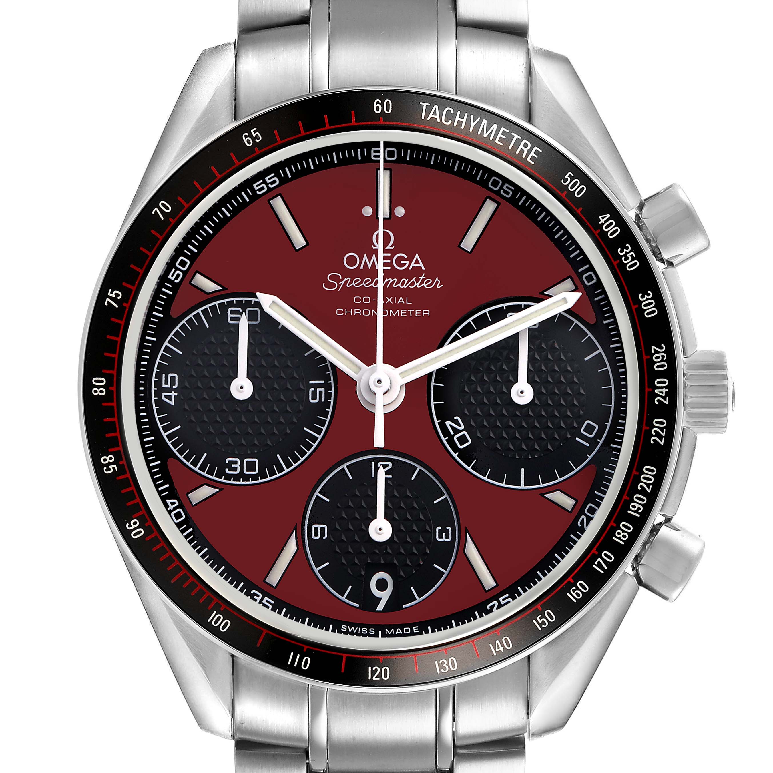 The Omega Speedmaster 326.30.40.50.11.001 Men's Stainless Steel Red Dial watch is shown from a front angle, highlighting its bezel, dial, and pushers.