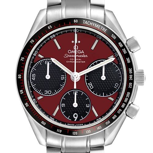 The Omega Speedmaster 326.30.40.50.11.001 Men's Stainless Steel Red Dial watch is shown front-facing, highlighting the dial, bezel, and pushers.