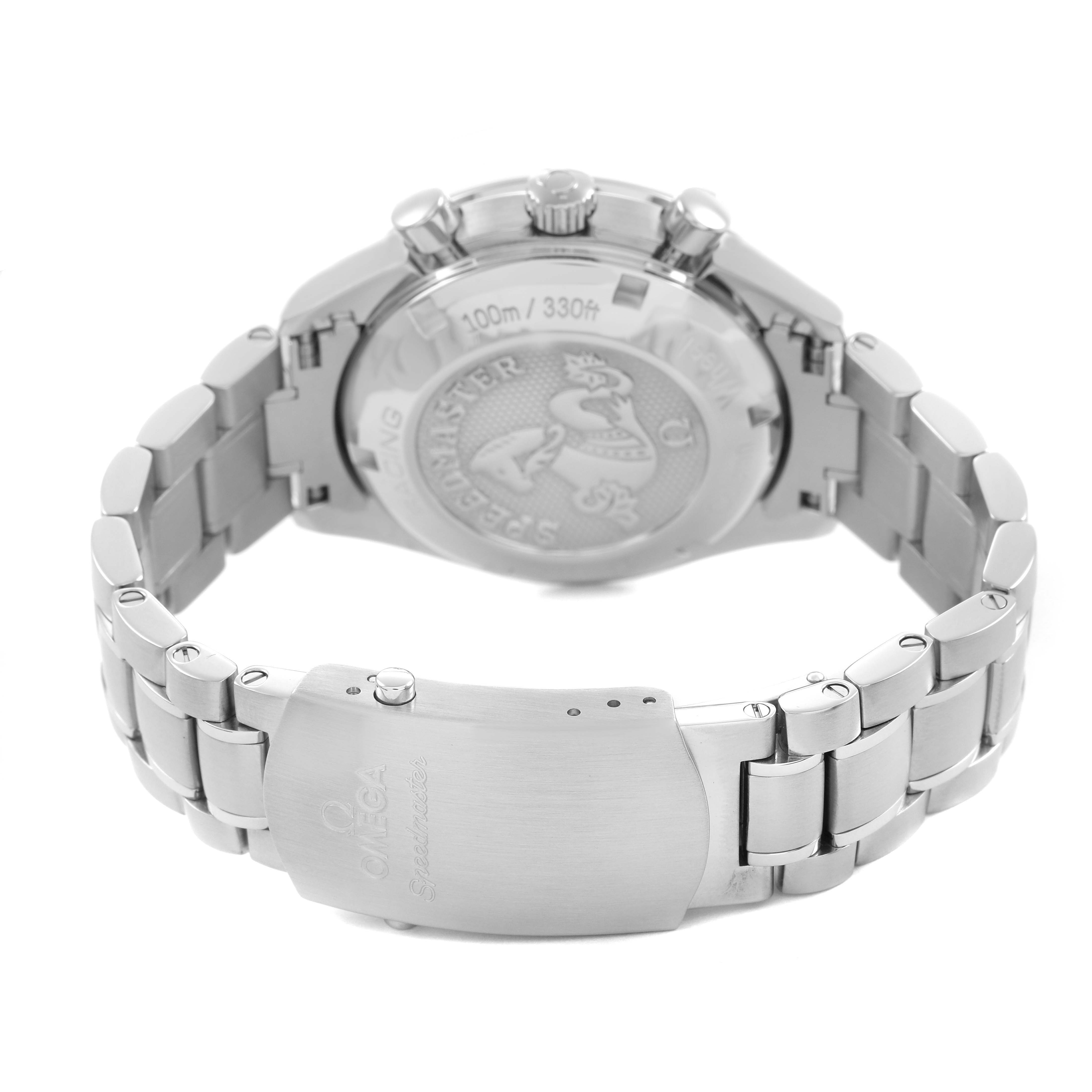 The Omega Speedmaster 326.30.40.50.11.001 Men's Stainless Steel Red Dial is shown from the back, highlighting the engraved case back and metal bracelet clasp.