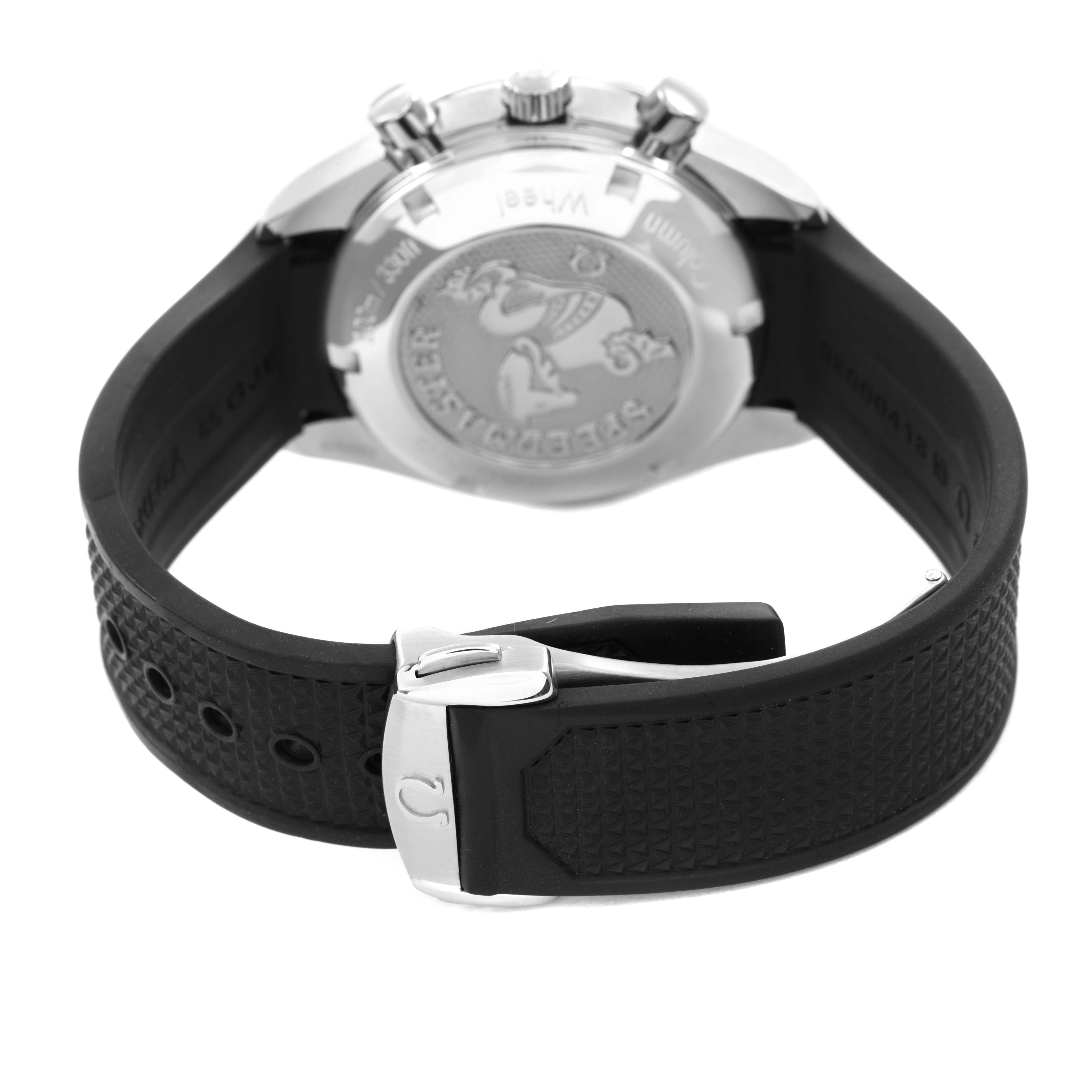 The image shows the back and strap of the Omega Speedmaster 326.32.40.50.11.001 Men's Stainless Steel Red Dial, highlighting the clasp and engraved case back.