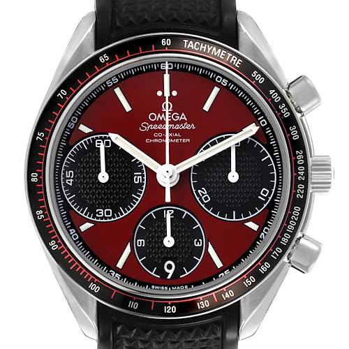 The Omega Speedmaster 326.32.40.50.11.001 Men's Stainless Steel Red Dial watch is shown from the front, displaying the dial, tachymeter bezel, and pushers.