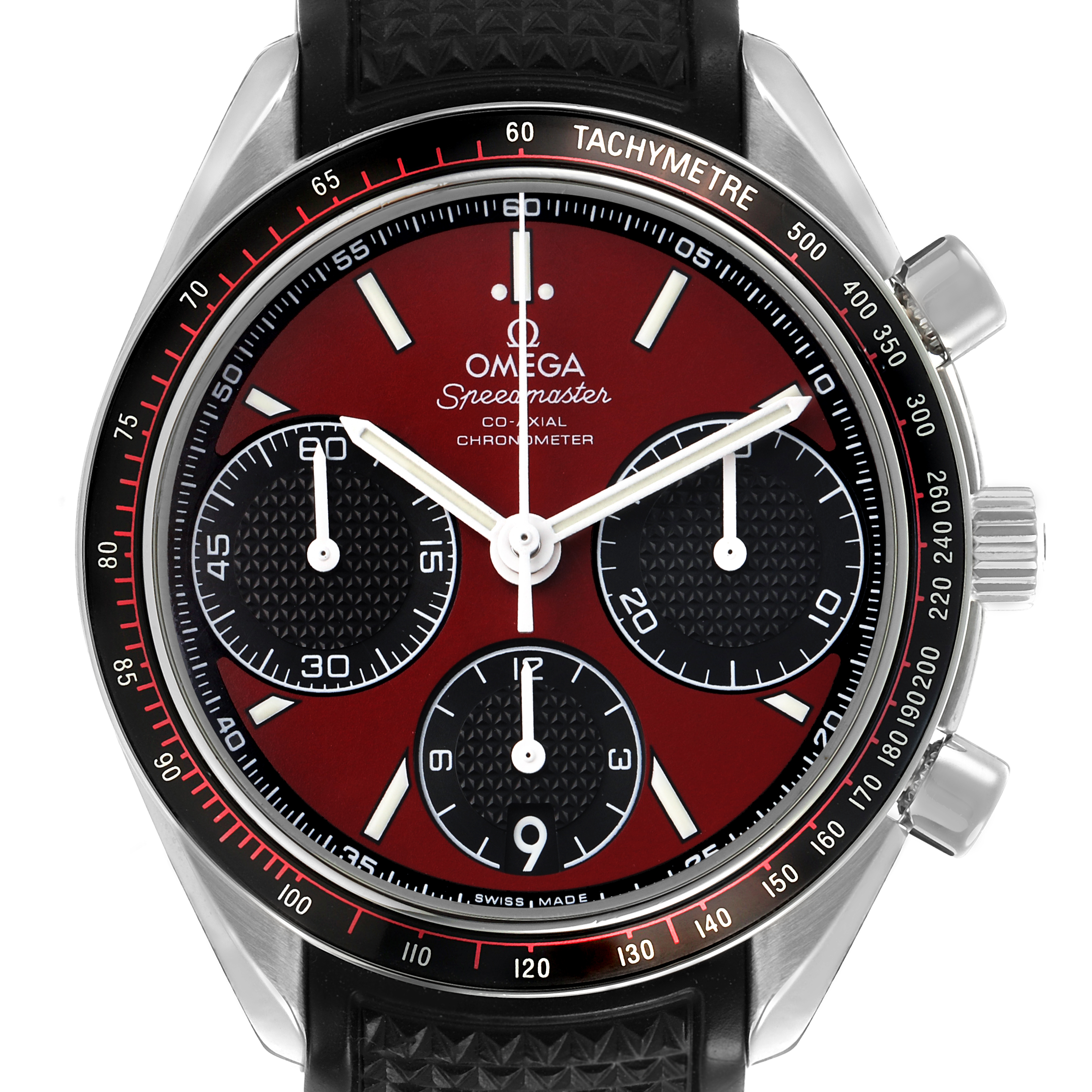 The Omega Speedmaster 326.32.40.50.11.001 Men's Stainless Steel Red Dial watch is shown from the front, highlighting the dial, subdials, bezel, and pushers.