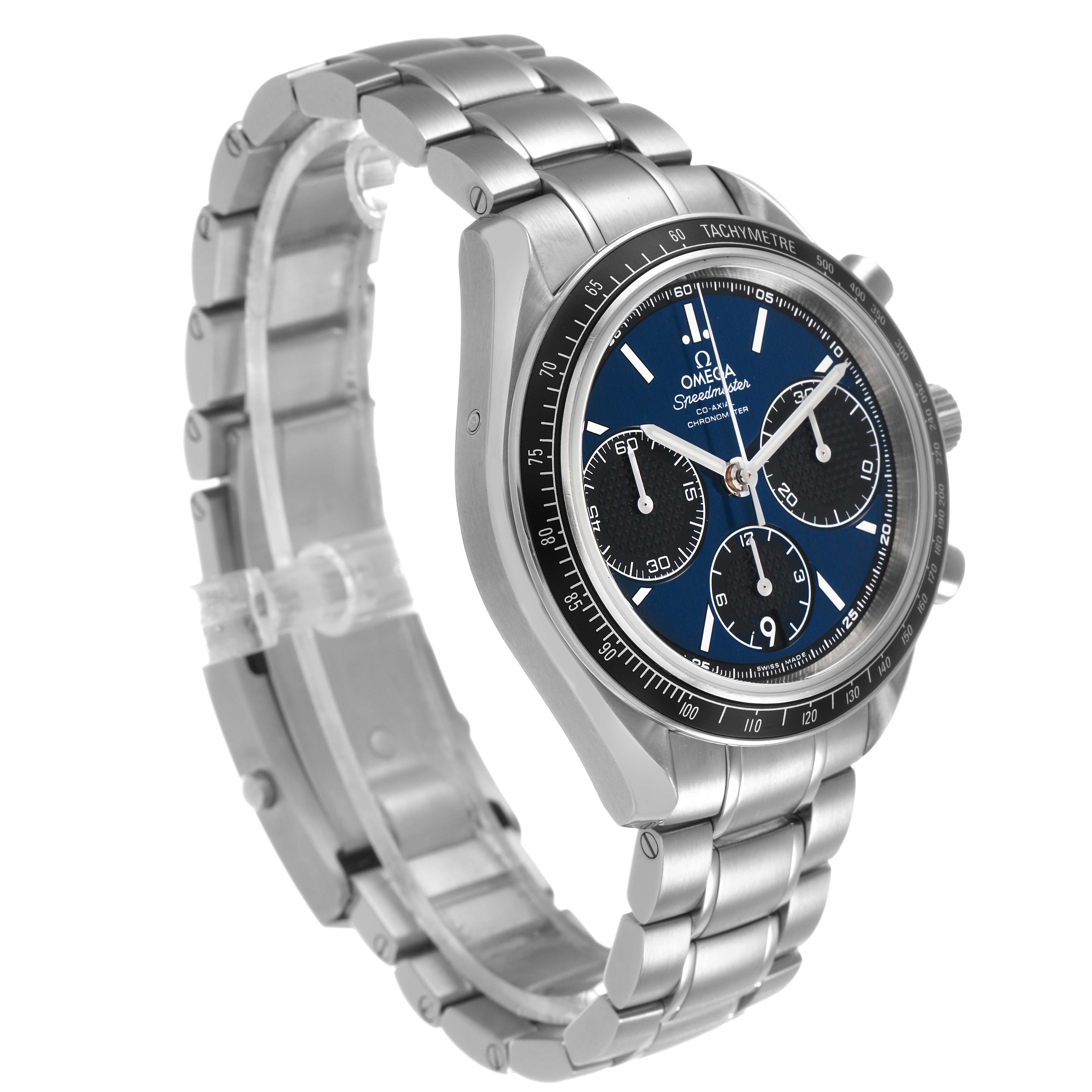 The Omega Speedmaster 326.30.40.50.03.001 Men's Stainless Steel Blue Dial watch is shown at a three-quarter angle, highlighting the face, bezel, and metal bracelet.