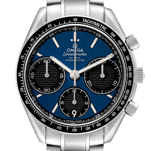 The Omega Speedmaster 326.30.40.50.03.001 Men's Stainless Steel Blue Dial watch is shown from a front angle, showcasing its dial, bezel, and crown detailing.