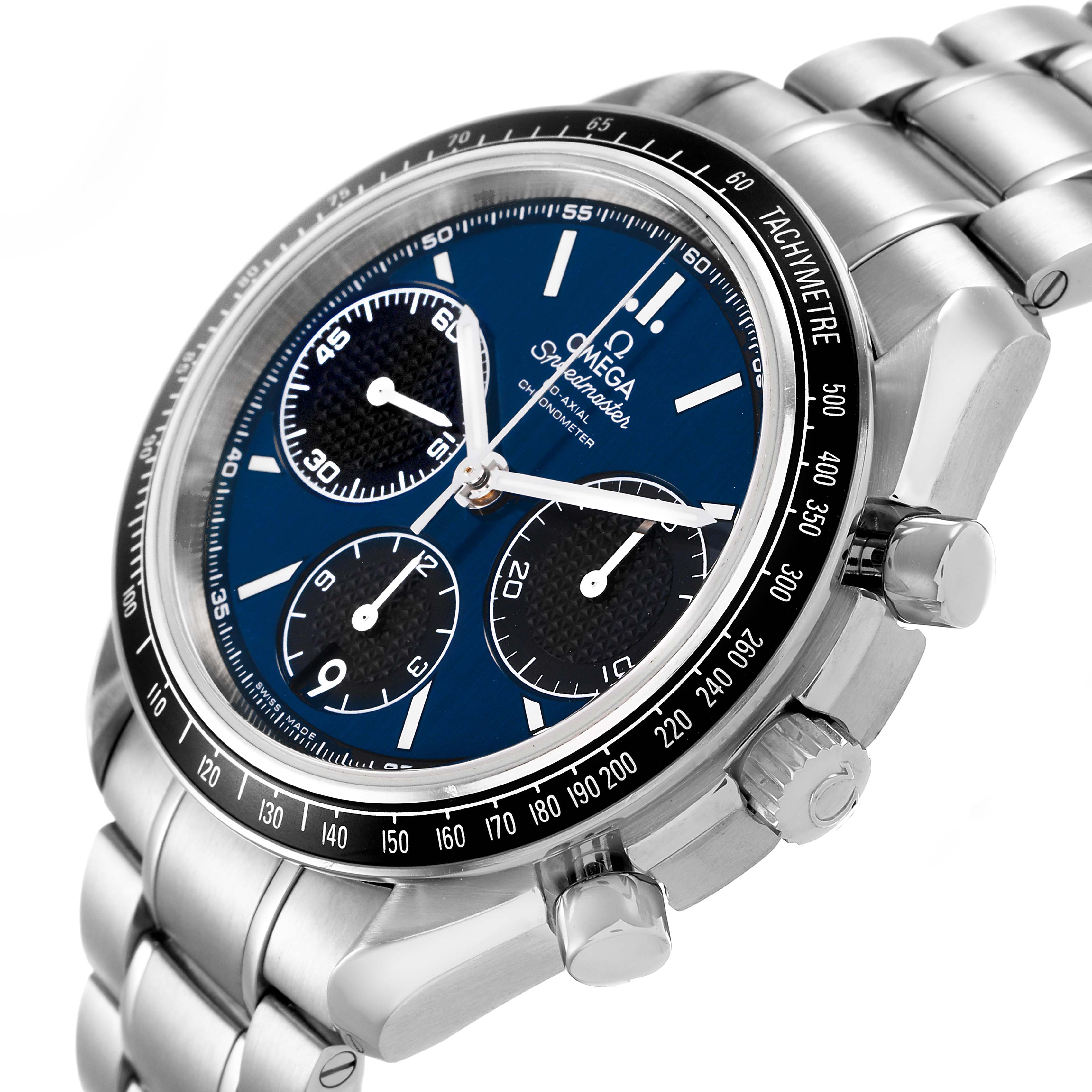 The Omega Speedmaster 326.30.40.50.03.001 Men's Stainless Steel Blue Dial watch is shown at an angle highlighting the face, subdials, bezel, and stainless steel bracelet.