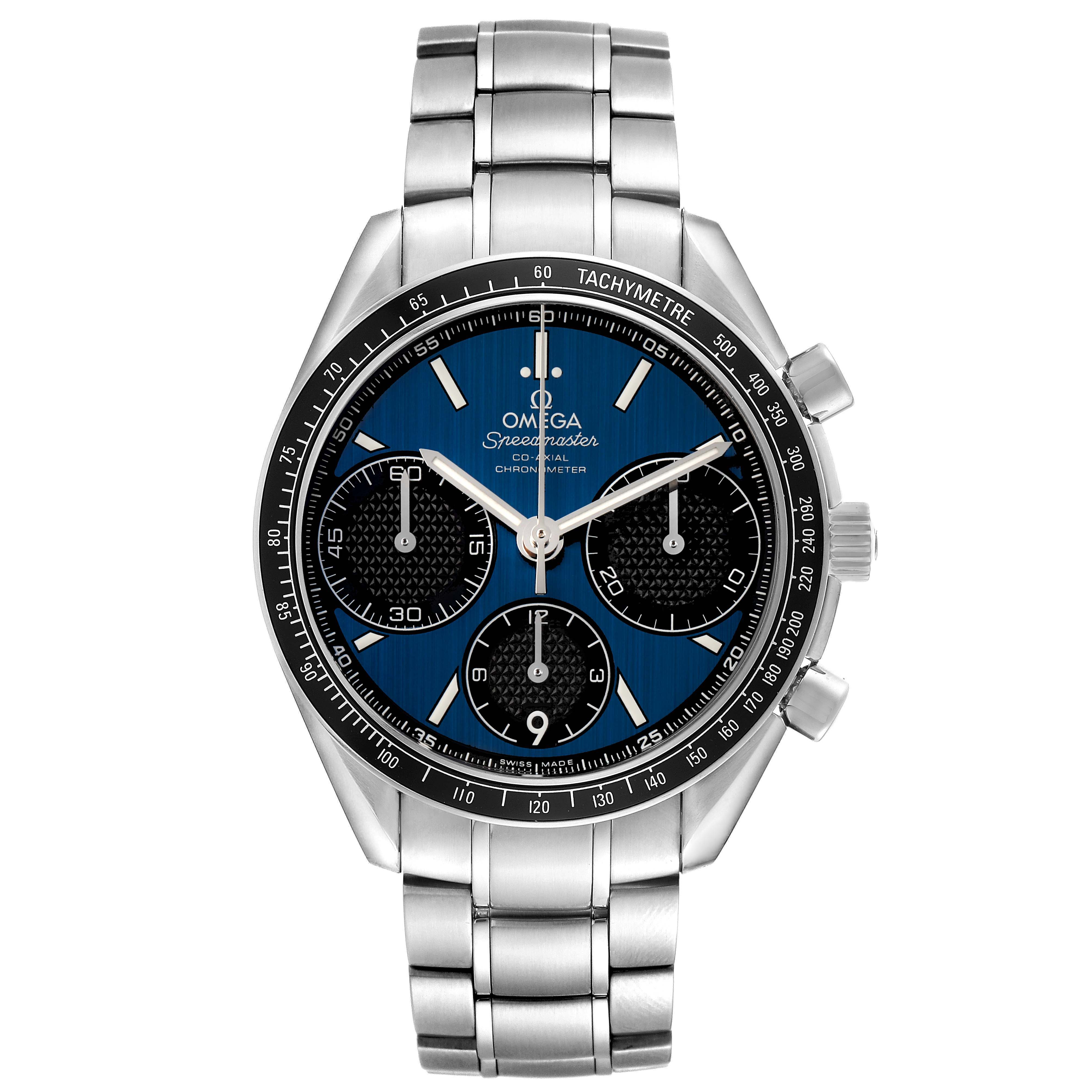 The Omega Speedmaster 326.30.40.50.03.001 Men's Stainless Steel Blue Dial watch is shown from a front angle, highlighting the dial, chronograph subdials, bracelet, and tachymeter bezel.