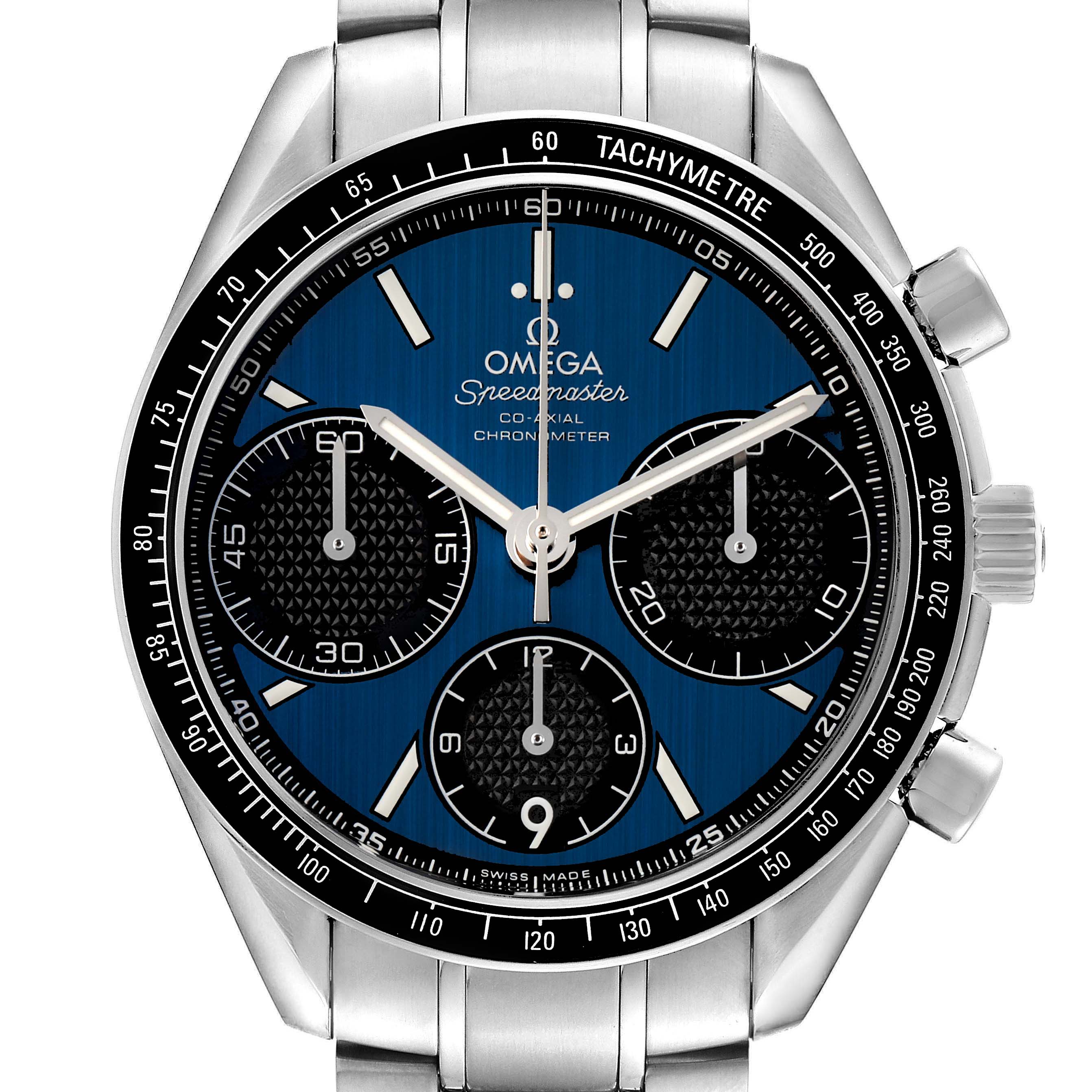 The Omega Speedmaster 326.30.40.50.03.001 Men's Stainless Steel Blue Dial watch is shown from a front angle, highlighting its face, chronograph dials, and bezel.