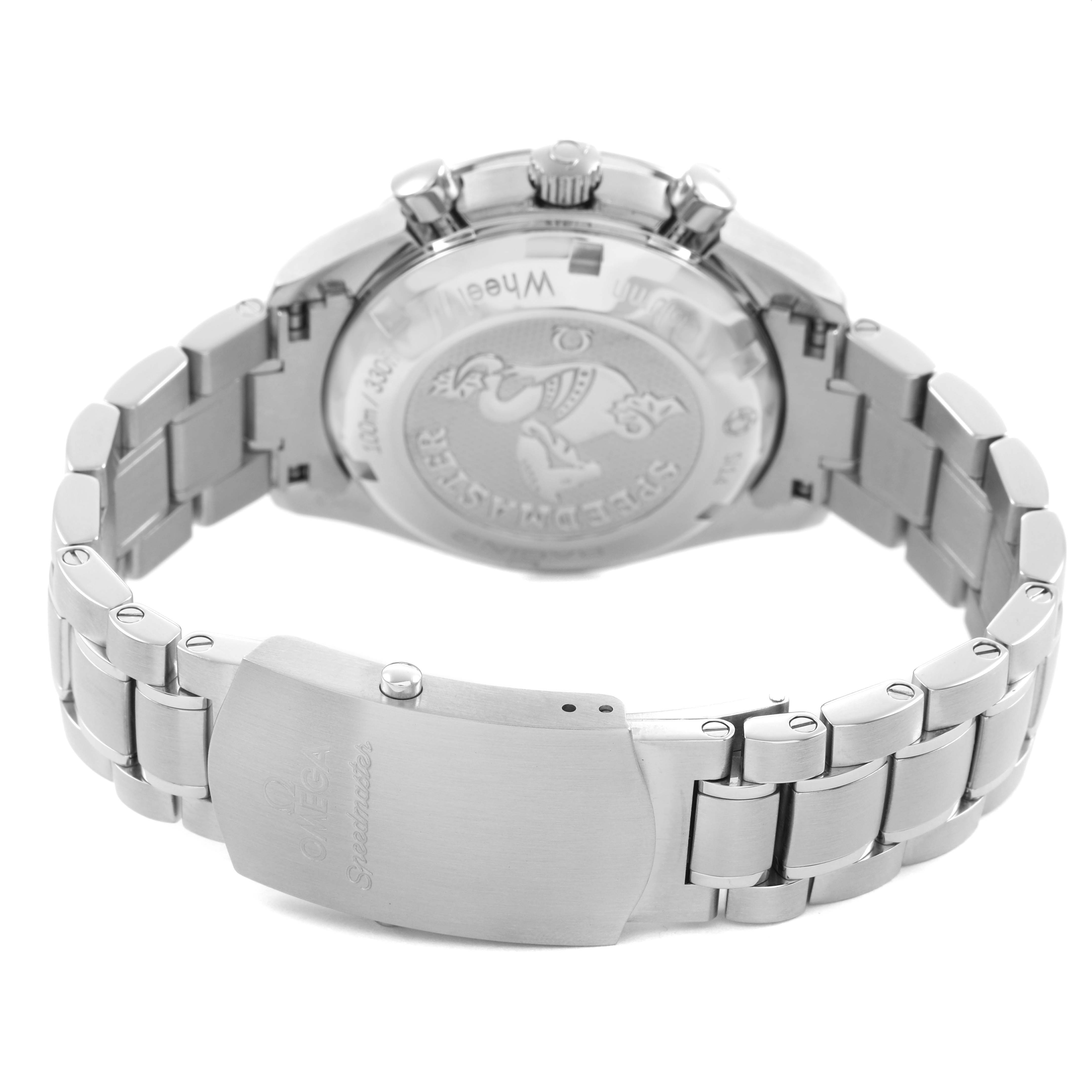 The Omega Speedmaster 326.30.40.50.03.001 Men's Stainless Steel Blue Dial watch is shown from the back, highlighting the case back and bracelet clasp.