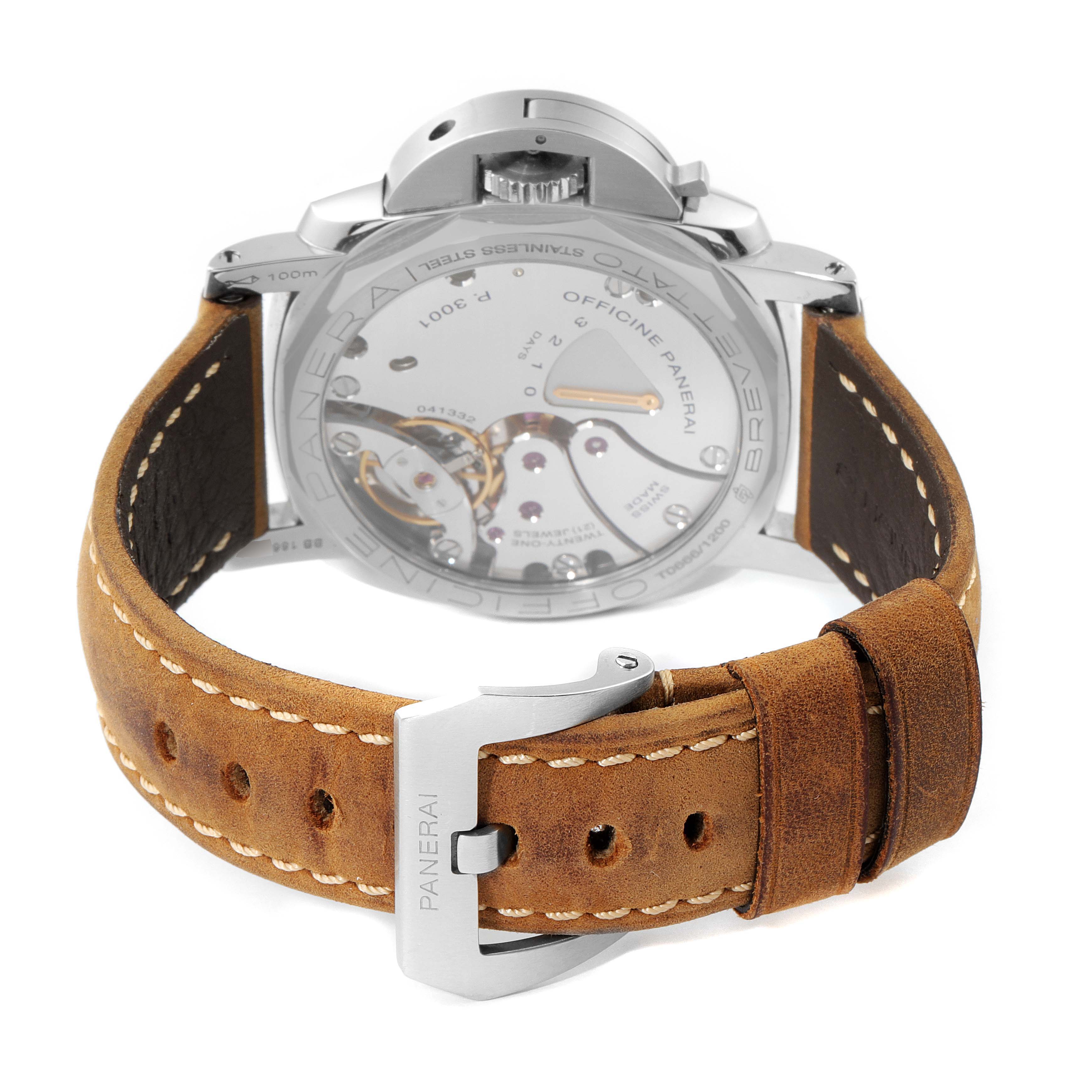 The image shows the back of a Panerai Luminor PAM00422 Men
s Stainless Steel Black Dial PAM00422 Men
s Stainless Steel Black Dial watch, highlighting the case back, crown guard, and leather strap with a buckle.