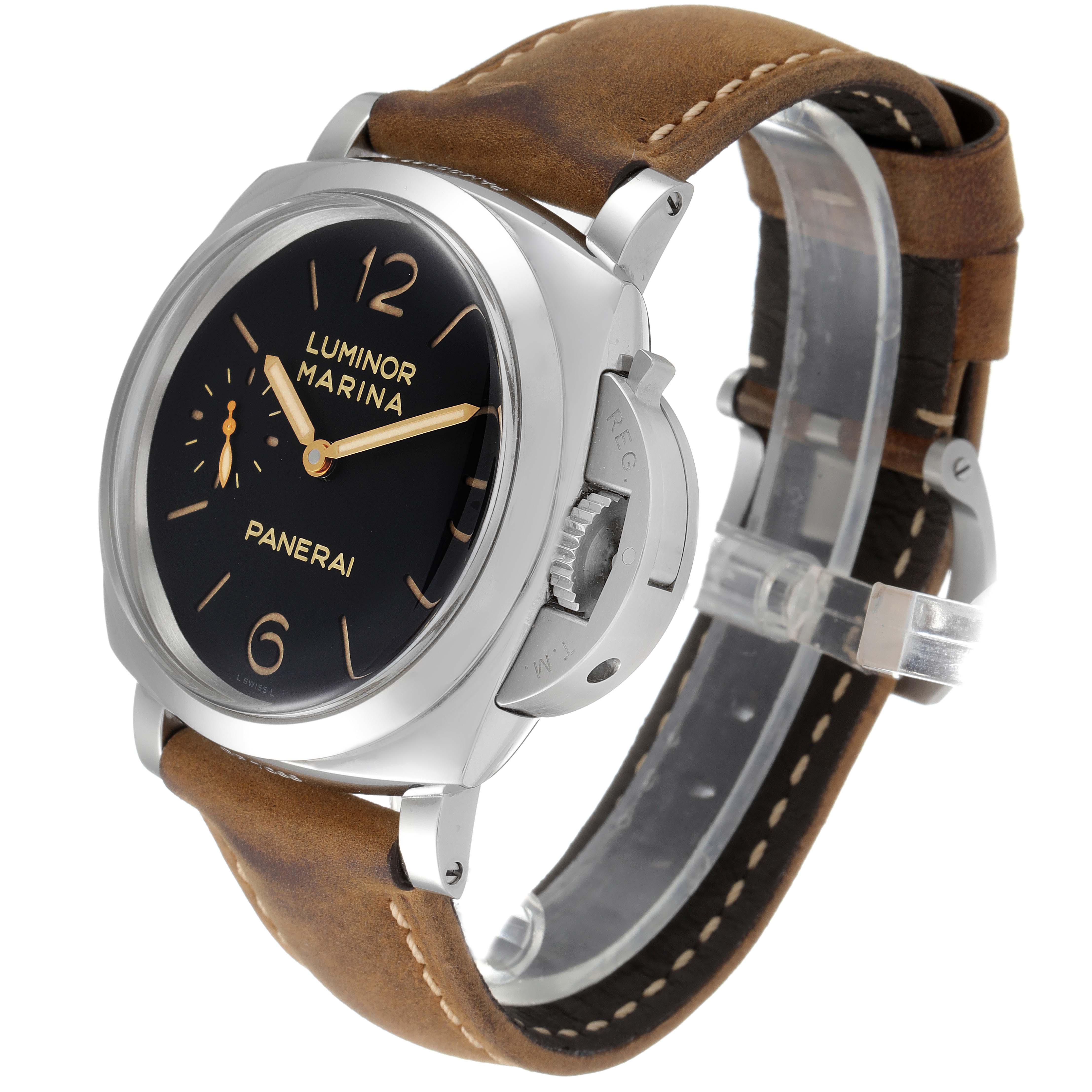 This image shows a Panerai Luminor PAM00422 Men
s Stainless Steel Black Dial PAM00422 Men
s Stainless Steel Black Dial Marina watch with a brown leather strap, viewed from a front-right angle.