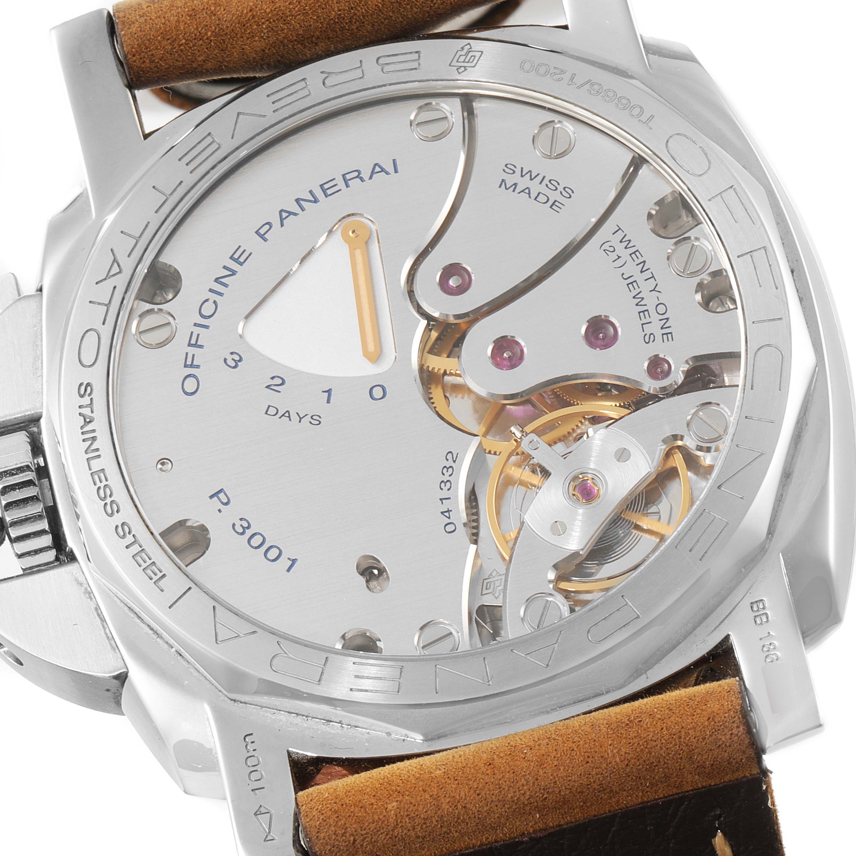 The image shows the back of a Panerai Luminor PAM00422 Men
s Stainless Steel Black Dial PAM00422 Men
s Stainless Steel Black Dial watch, displaying its P.3001 movement and mechanical components.