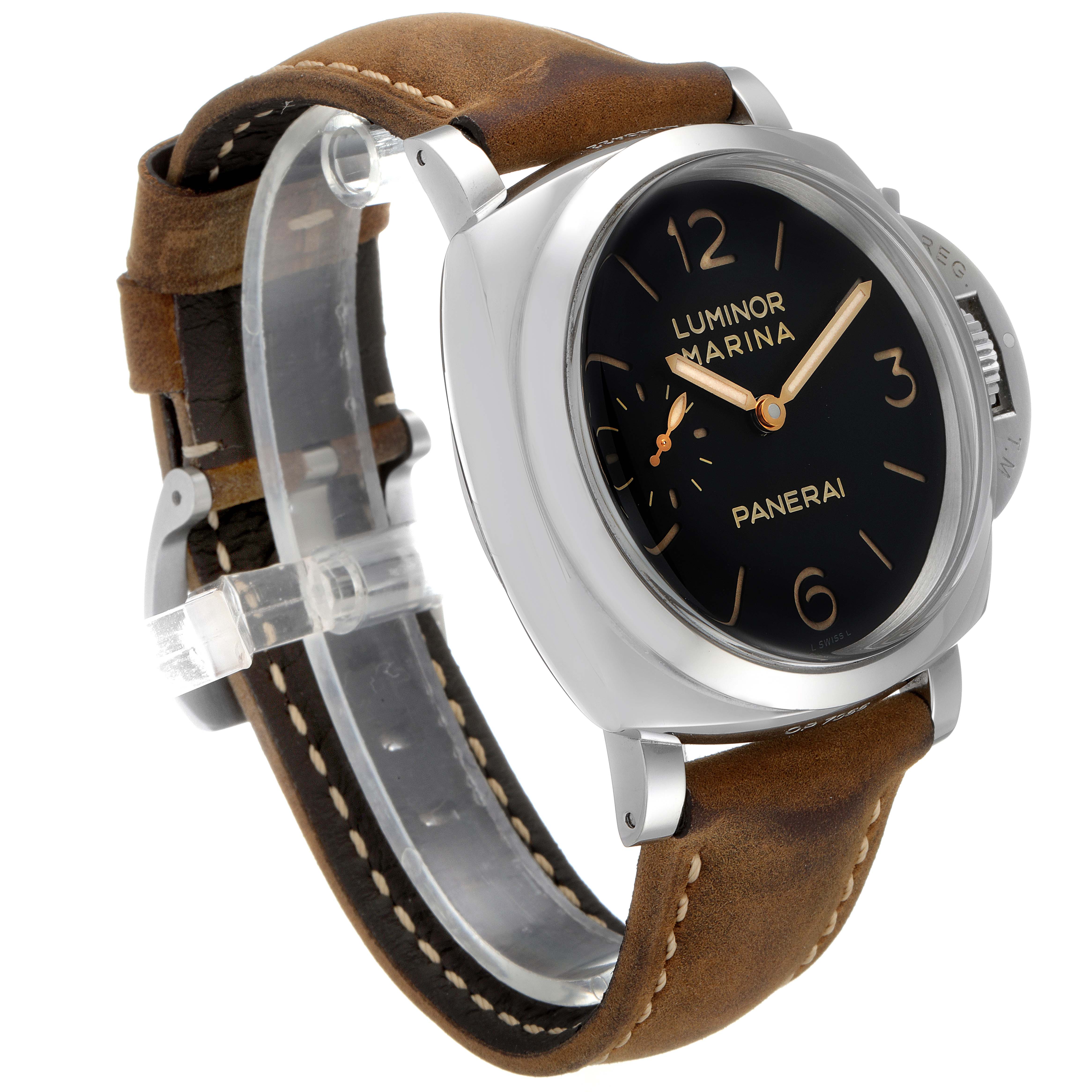 The image shows a Panerai Luminor PAM00422 Men
s Stainless Steel Black Dial PAM00422 Men
s Stainless Steel Black Dial watch at a three-quarter angle, highlighting the dial, case, and leather strap.