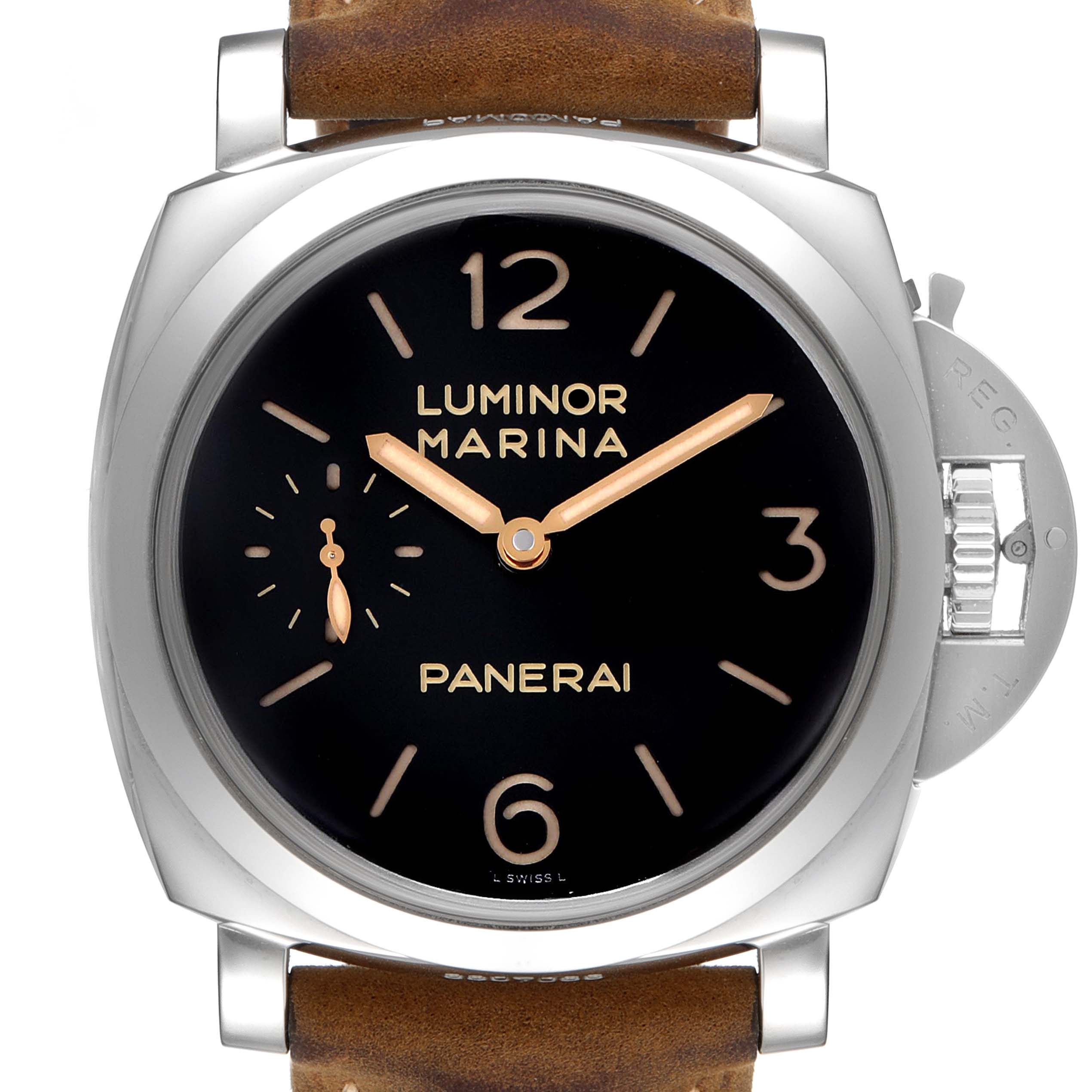 This image shows a front view of a Panerai Luminor PAM00422 Men
s Stainless Steel Black Dial PAM00422 Men
s Stainless Steel Black Dial Marina watch, highlighting its black dial and brown leather strap.