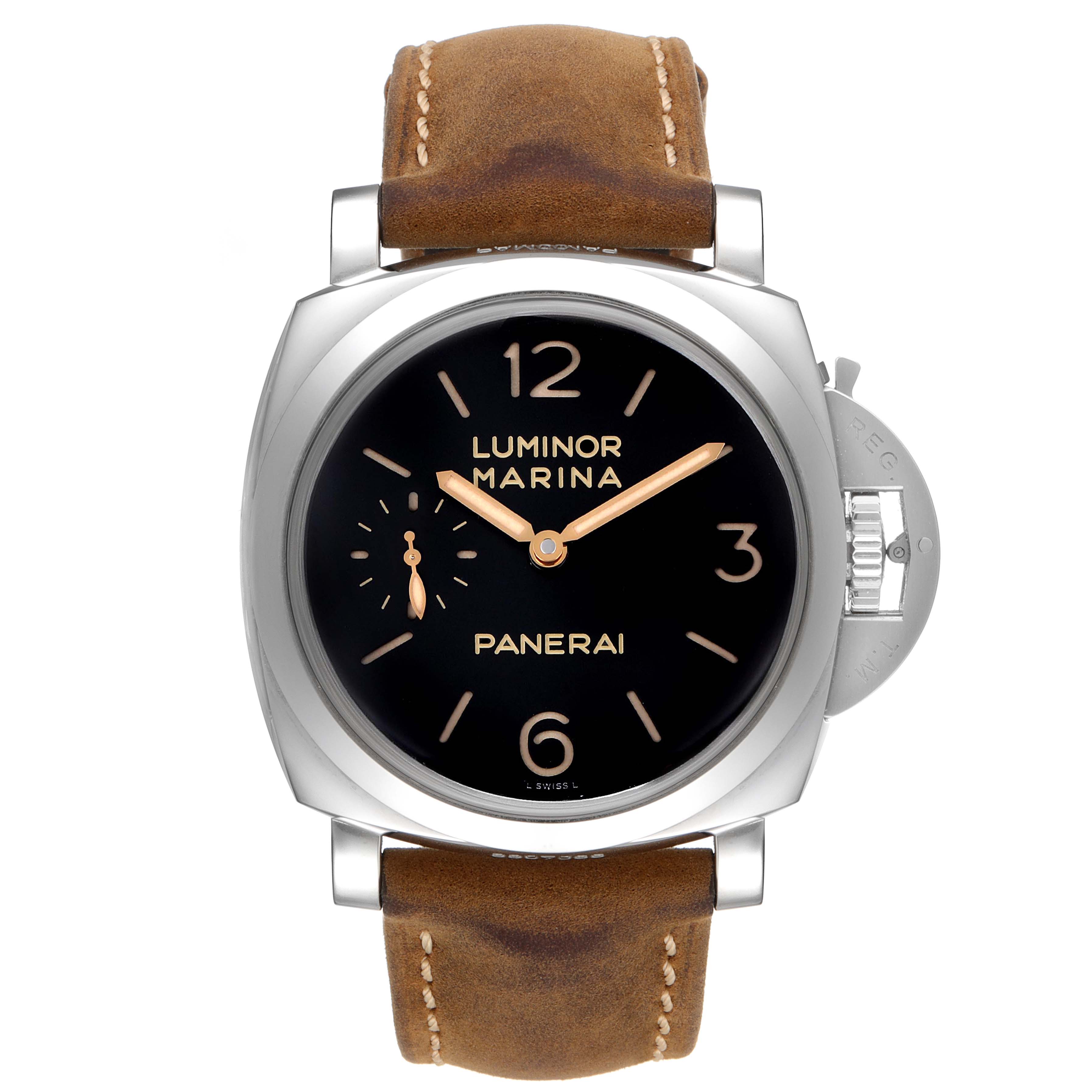 This image shows a front view of a Panerai Luminor PAM00422 Men
s Stainless Steel Black Dial PAM00422 Men
s Stainless Steel Black Dial Marina watch with a brown leather strap and a black dial.