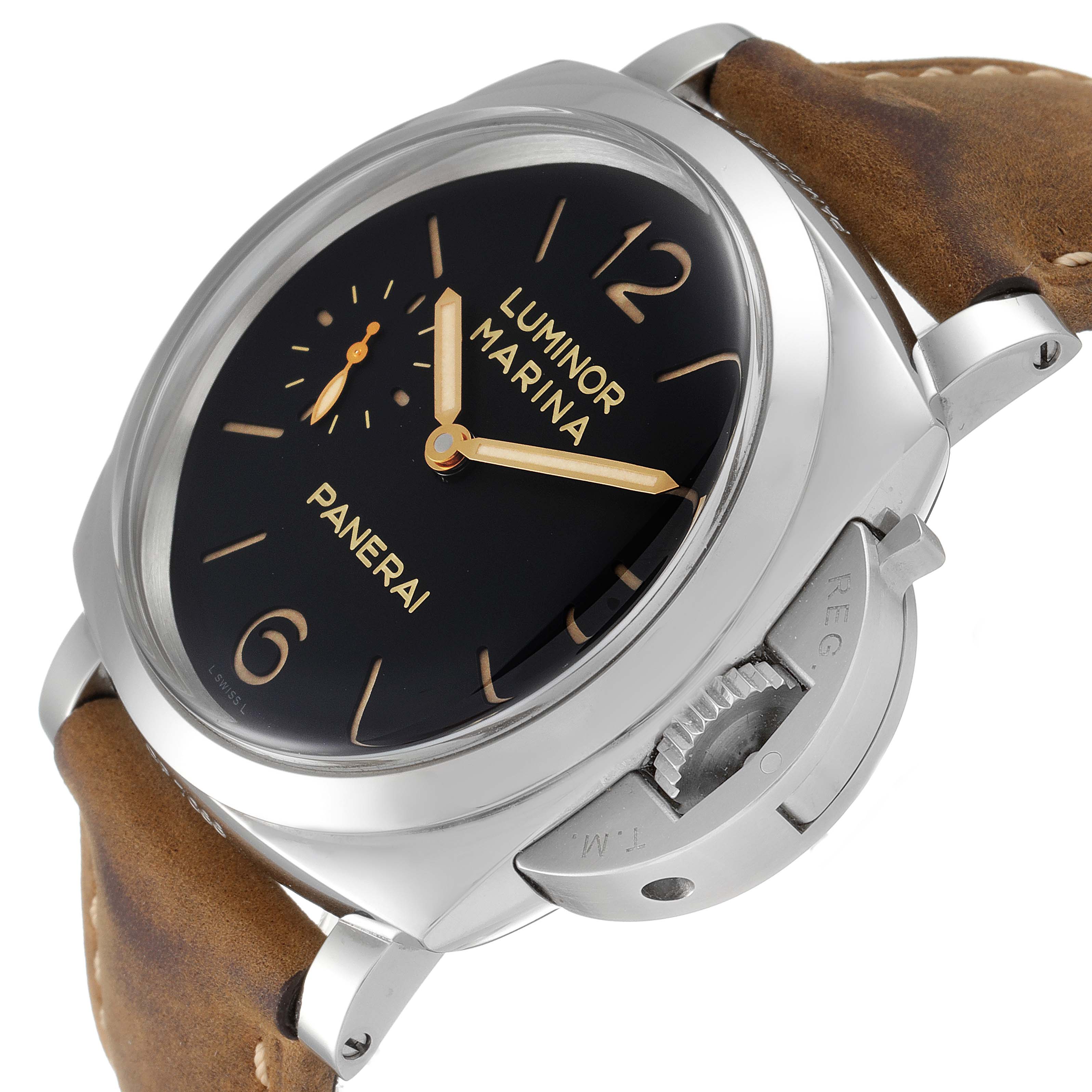 The image shows the Panerai Luminor PAM00422 Men
s Stainless Steel Black Dial PAM00422 Men
s Stainless Steel Black Dial watch from an angled side view highlighting the dial, crown guard, and leather strap.