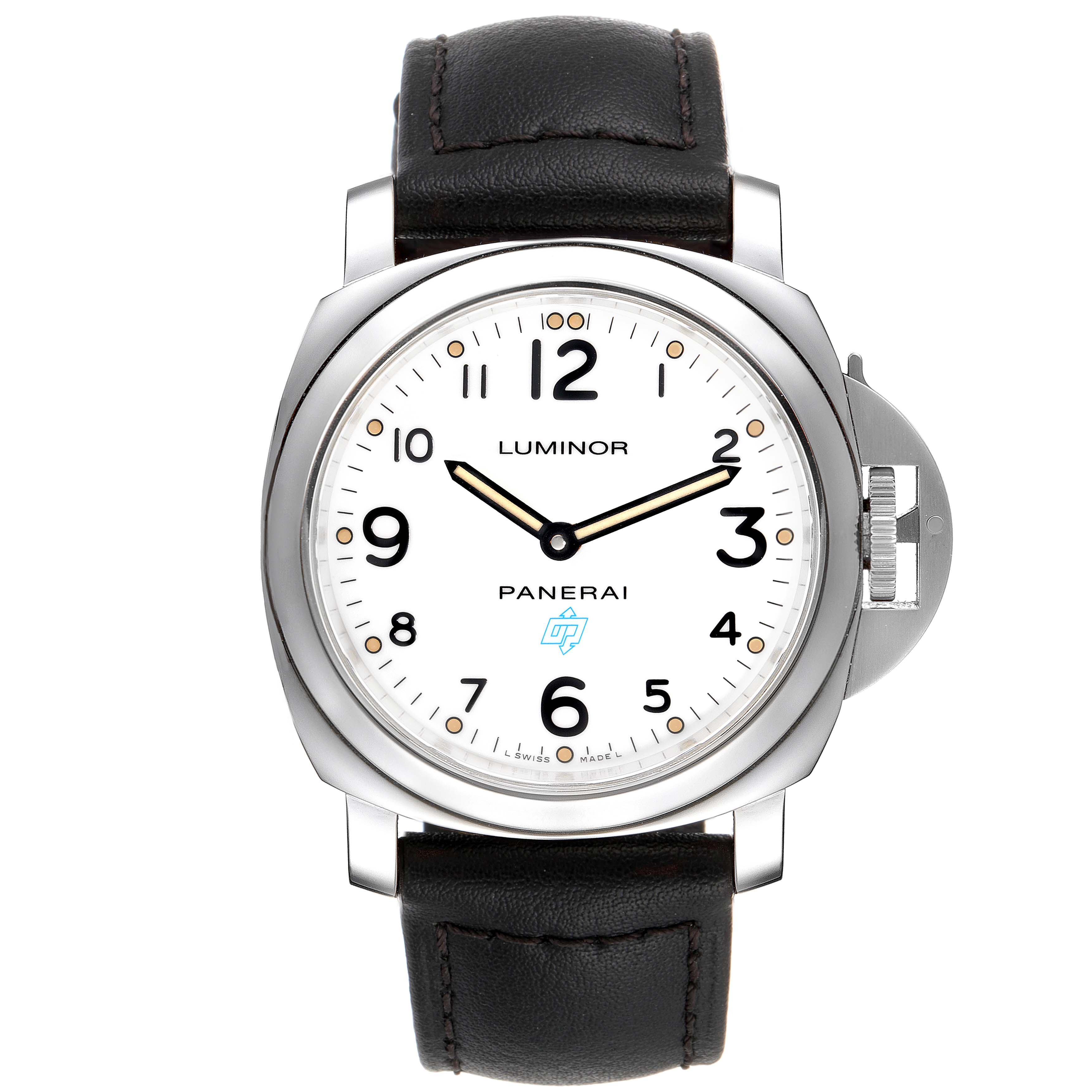 The image shows a front view of a Panerai Luminor PAM00630 Men's Stainless Steel White Dial PAM00630 Men's Stainless Steel White Dial watch, including its white dial, black leather strap, and crown guard.