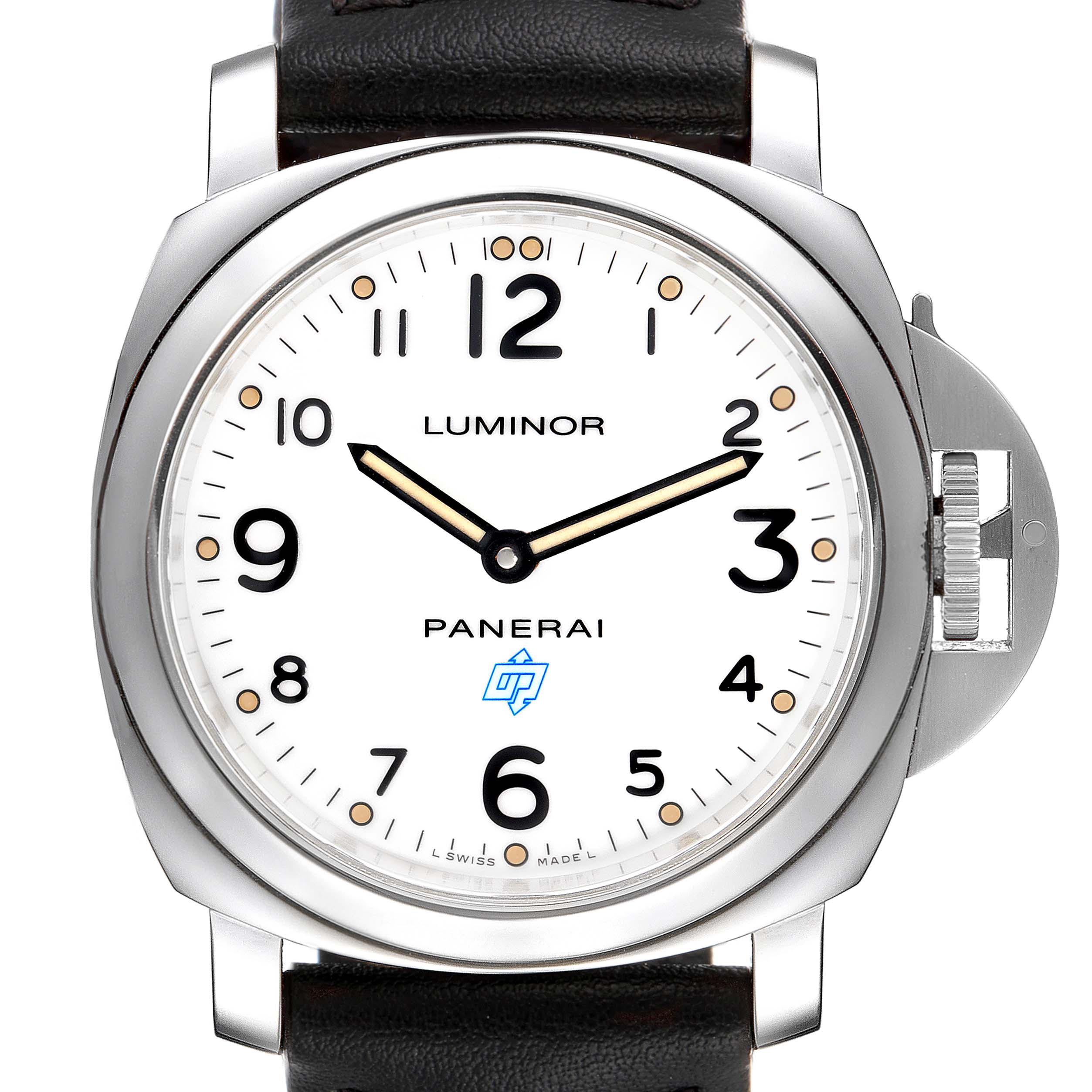 The image shows a Panerai Luminor PAM00630 Men's Stainless Steel White Dial PAM00630 Men's Stainless Steel White Dial watch from a front angle, highlighting the dial, hands, and crown guard.