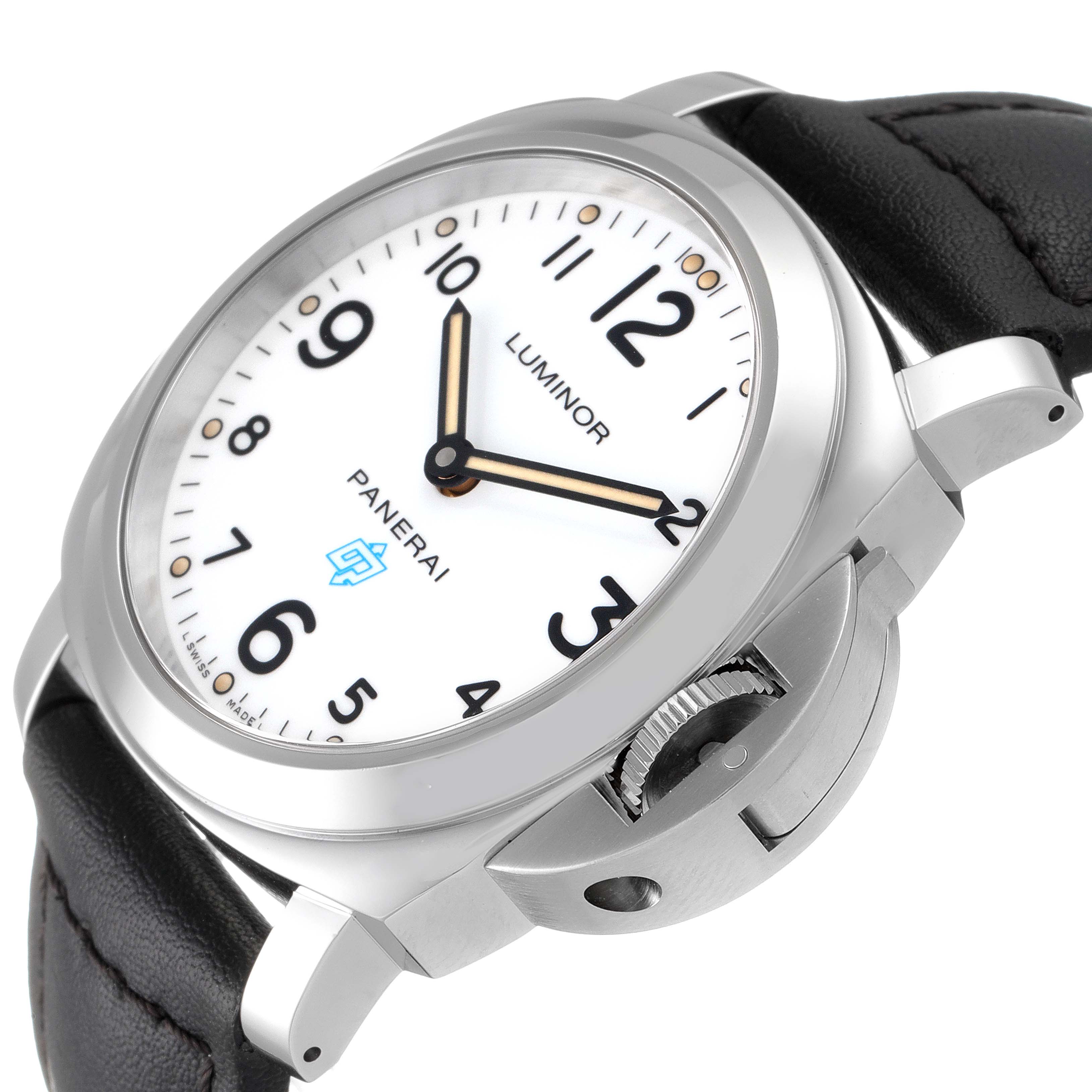 The image shows a close-up of the Panerai Luminor PAM00630 Men's Stainless Steel White Dial PAM00630 Men's Stainless Steel White Dial watch, highlighting its face, crown guard, and black leather strap.