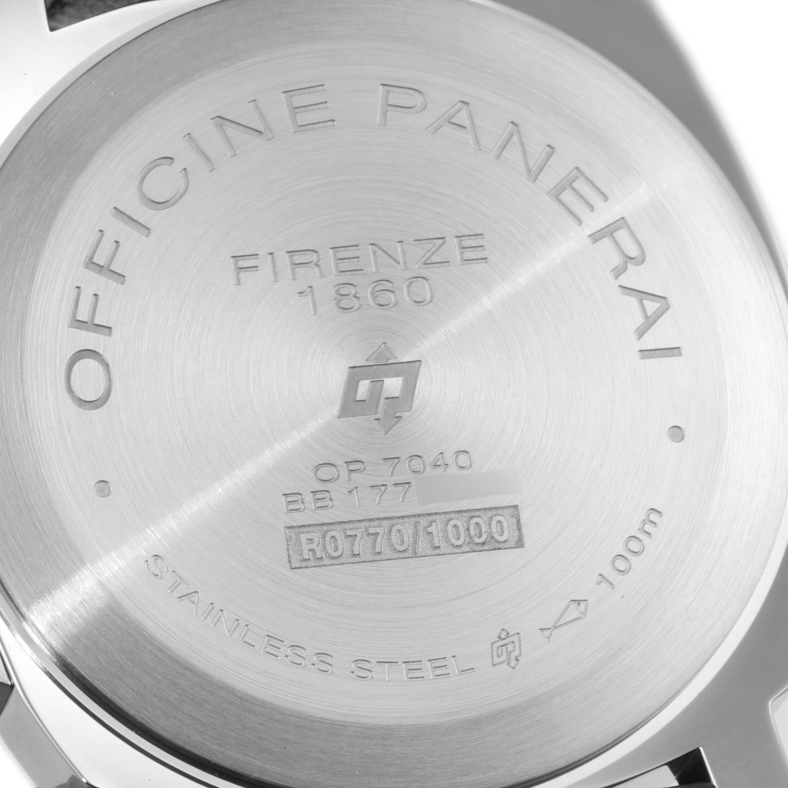 The image shows the back of a Panerai Luminor PAM00630 Men's Stainless Steel White Dial PAM00630 Men's Stainless Steel White Dial watch, displaying engraved details like the brand name, model number, and water resistance.