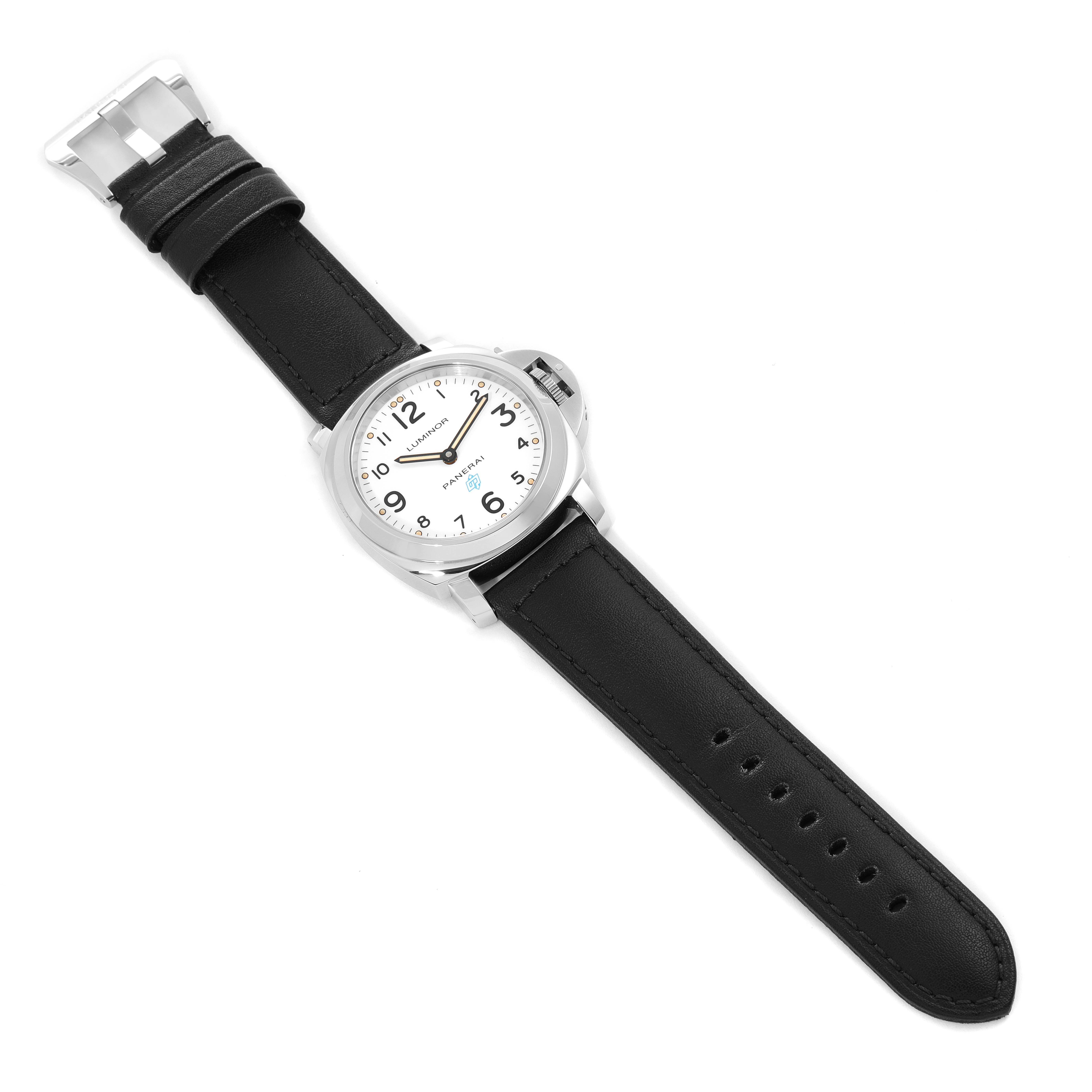 The image shows a top-down view of a Panerai Luminor PAM00630 Men's Stainless Steel White Dial PAM00630 Men's Stainless Steel White Dial model watch, displaying its face, black strap, and buckle.