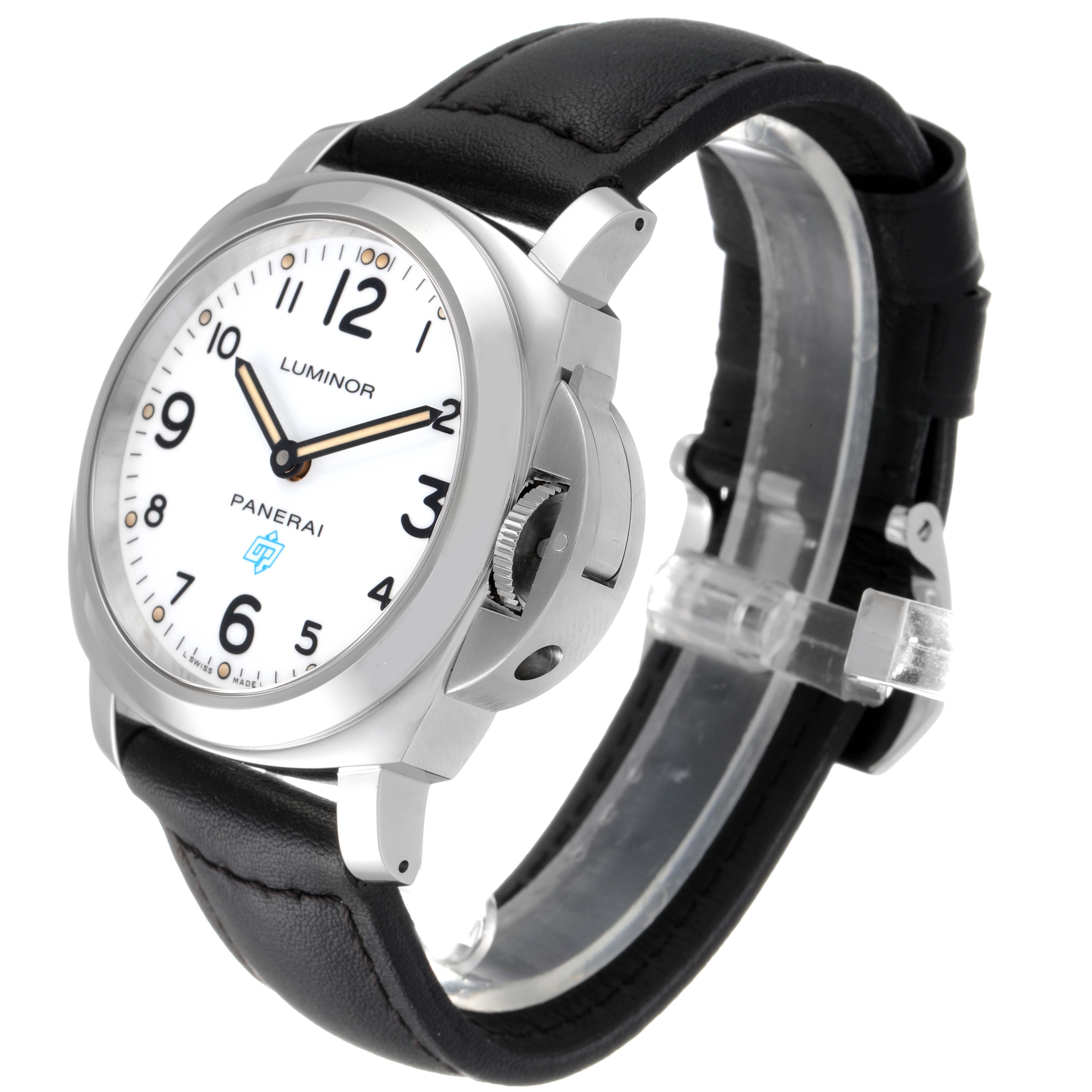 The image shows a Panerai Luminor PAM00630 Men's Stainless Steel White Dial PAM00630 Men's Stainless Steel White Dial watch angled from the front-right, displaying its dial, crown guard, and leather strap.