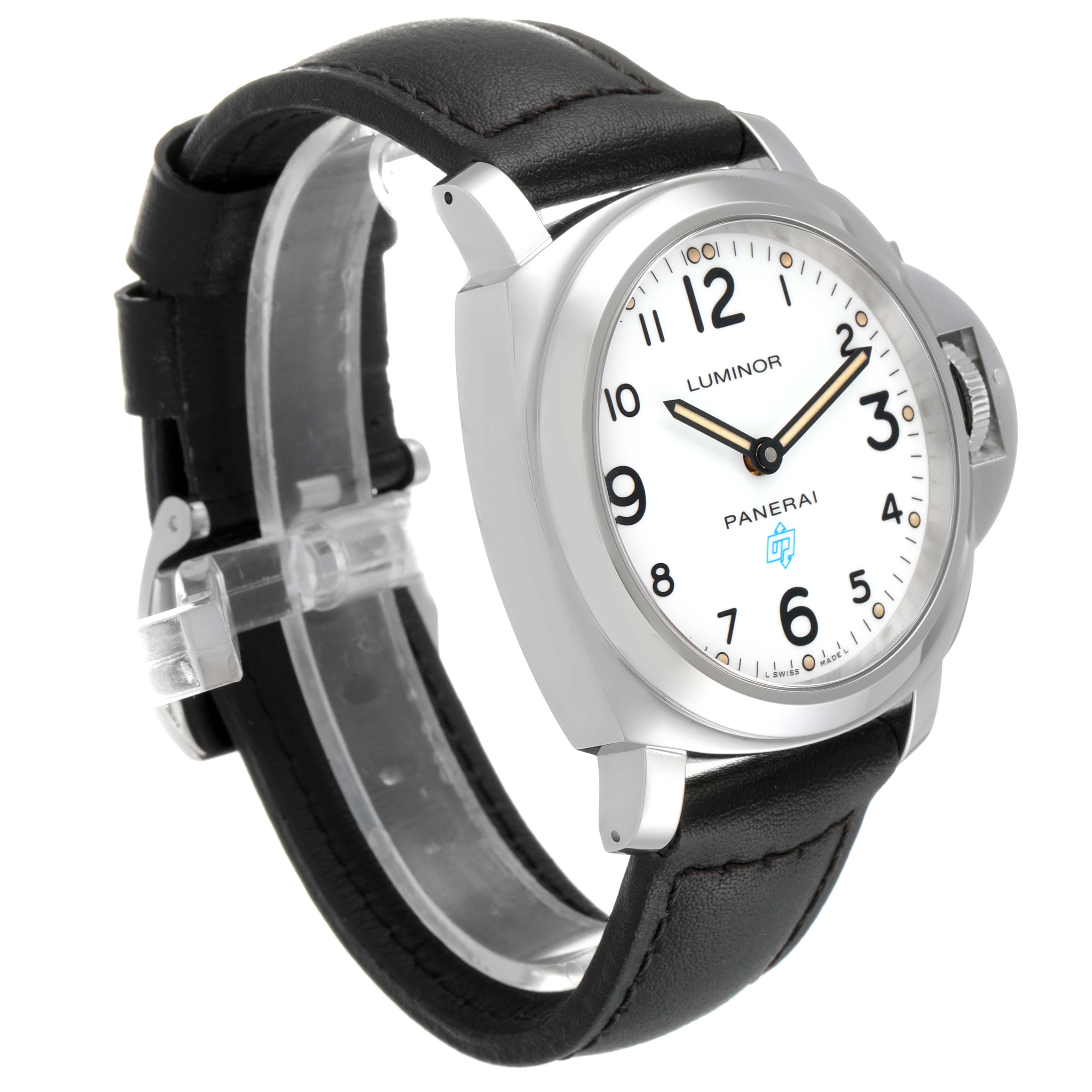 The image shows a Panerai Luminor PAM00630 Men's Stainless Steel White Dial PAM00630 Men's Stainless Steel White Dial watch at a three-quarter angle, highlighting its white dial, black leather strap, and crown guard.