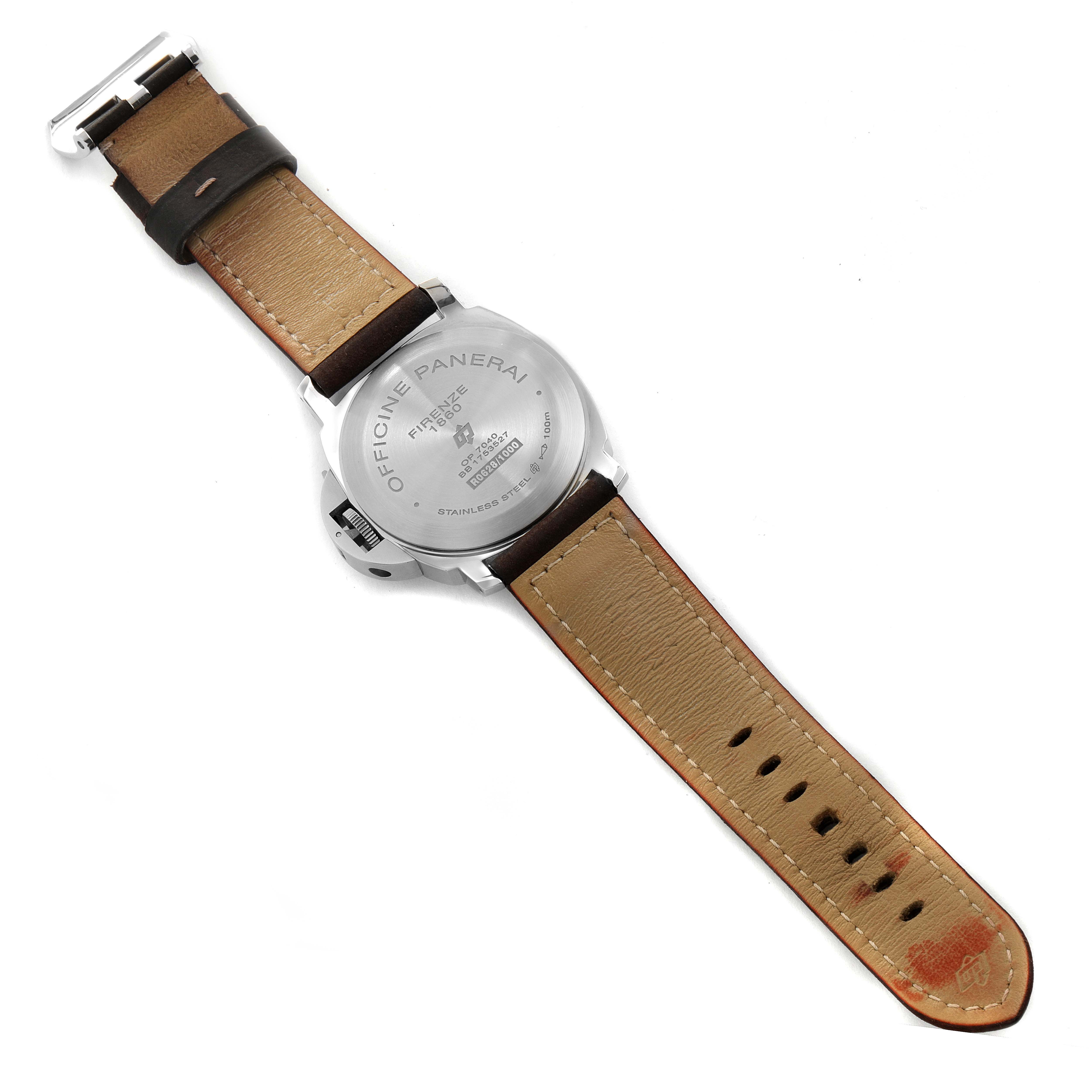 This image shows the back casing and leather strap of a Panerai Luminor PAM00630 Men's Stainless Steel White Dial PAM00630 Men's Stainless Steel White Dial watch.