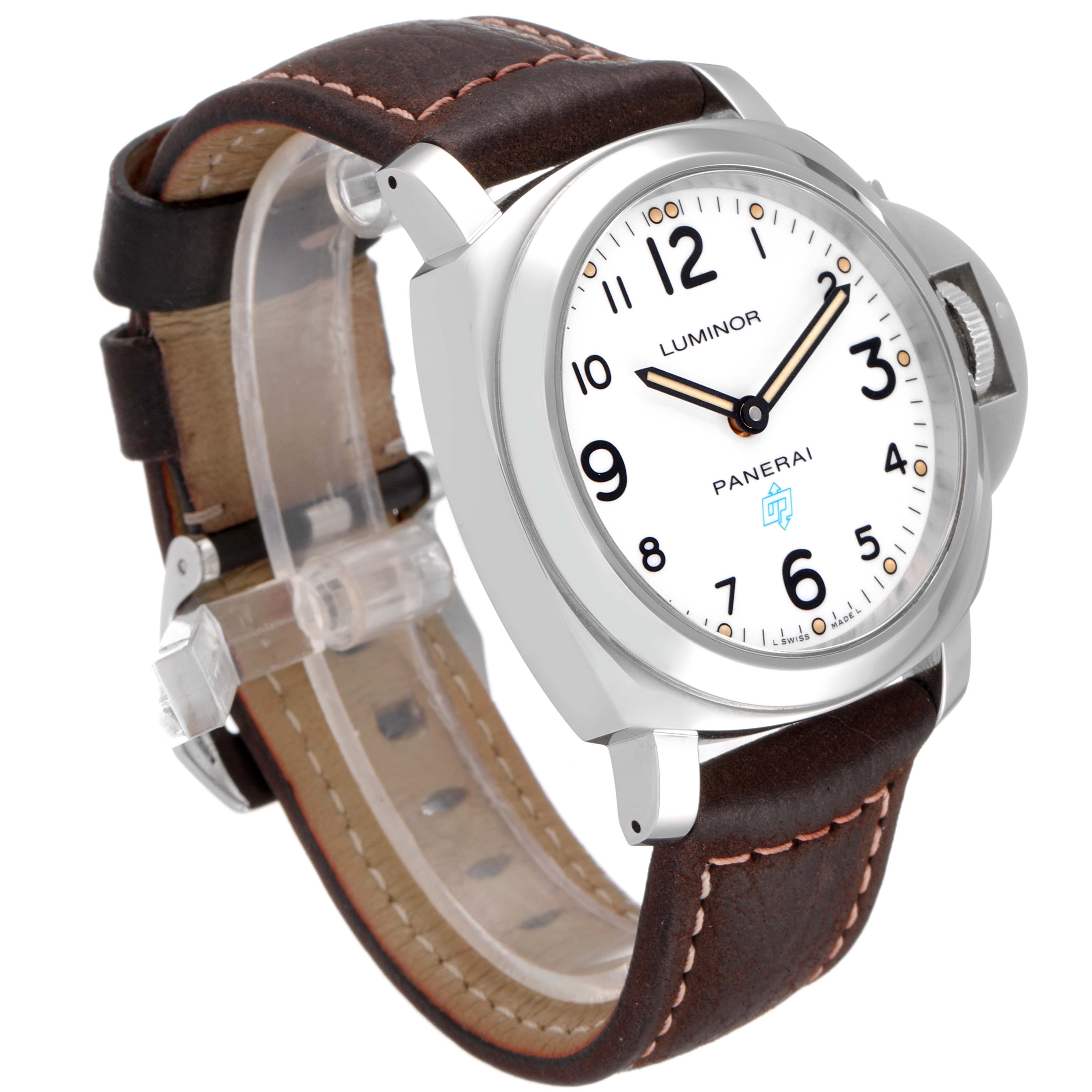 This image shows a front-side angled view of a Panerai Luminor PAM00630 Men's Stainless Steel White Dial PAM00630 Men's Stainless Steel White Dial watch displaying the case, dial, and leather strap.