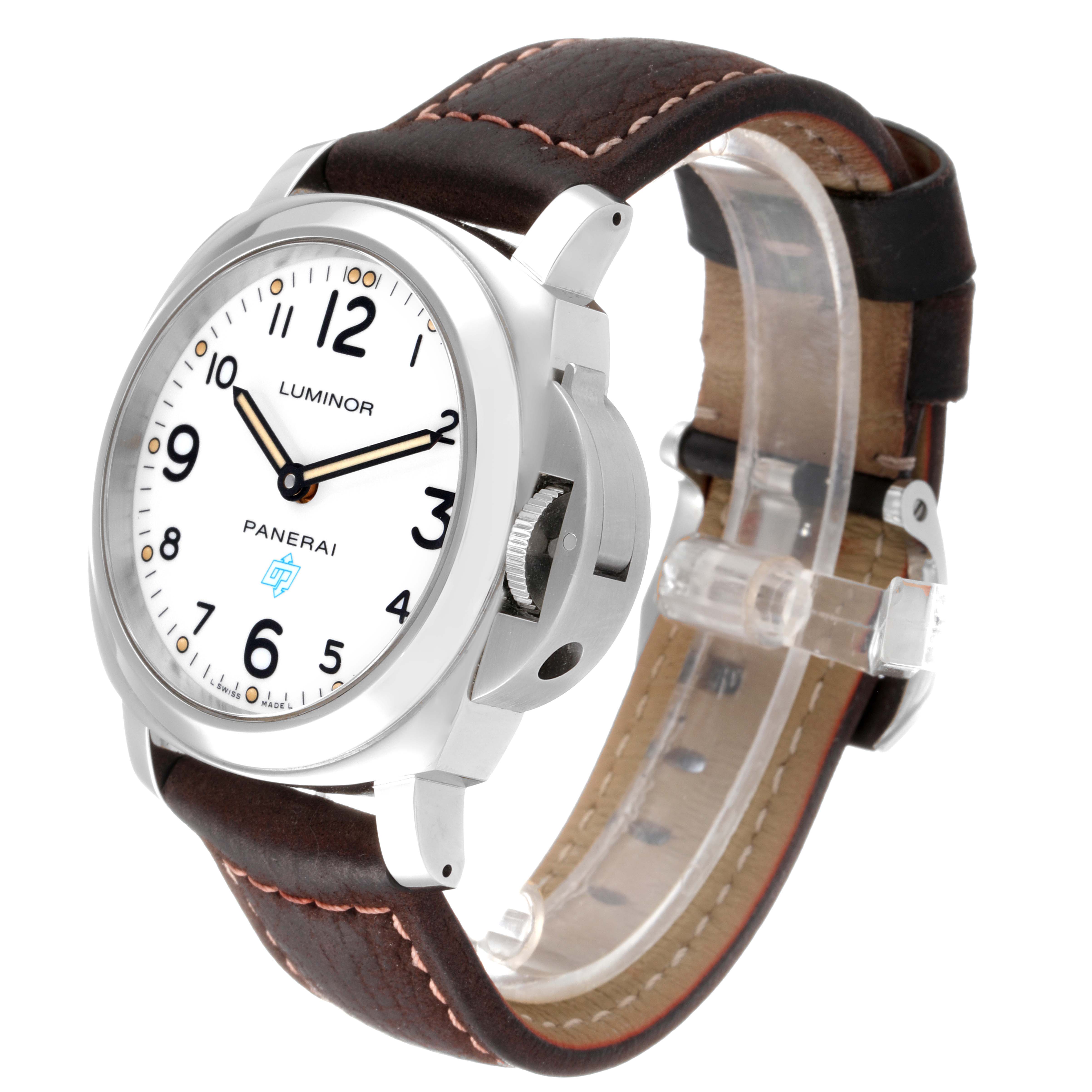 The Panerai Luminor PAM00630 Men's Stainless Steel White Dial PAM00630 Men's Stainless Steel White Dial watch is shown at a three-quarter angle, highlighting the dial, crown guard, and leather strap.