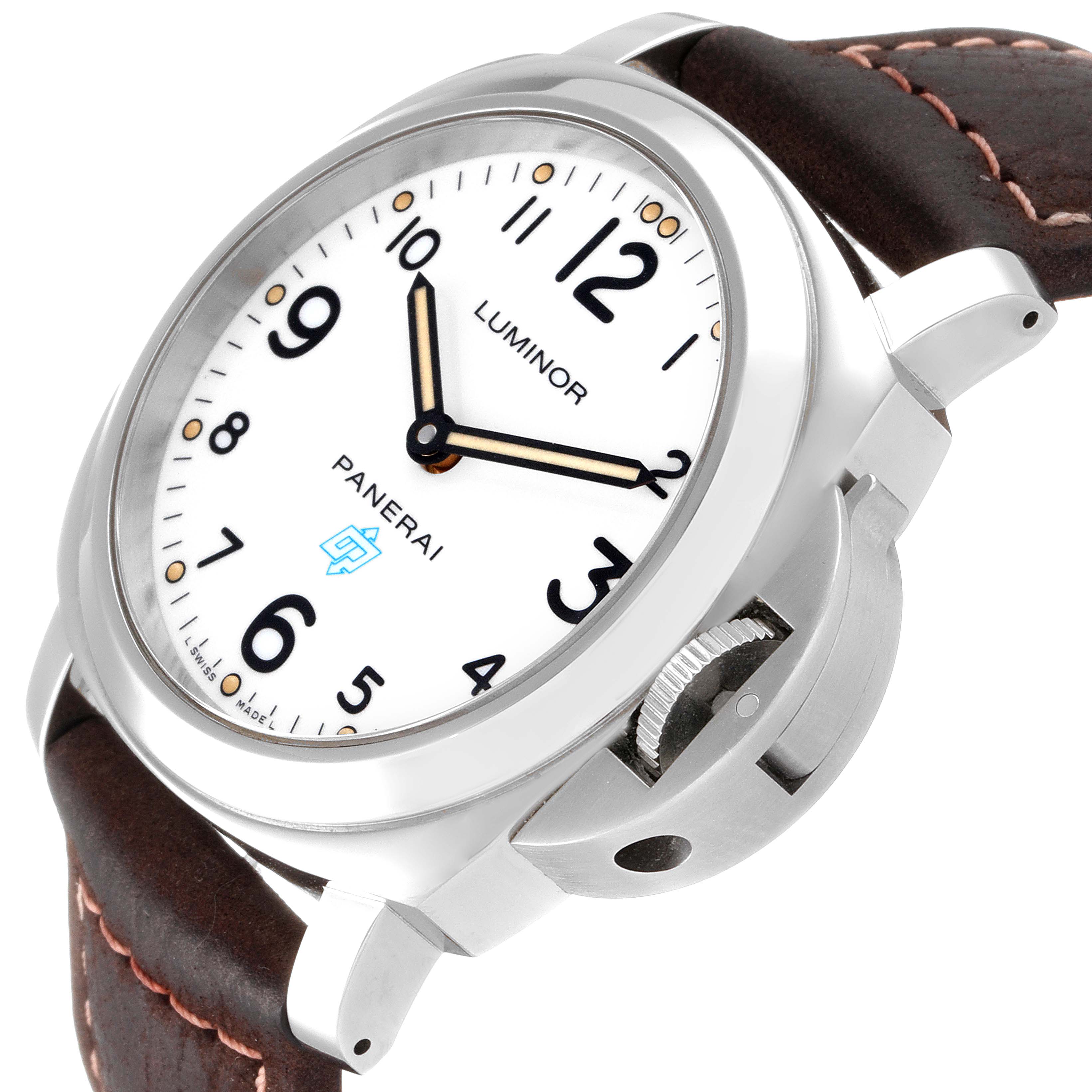 The image shows a Panerai Luminor PAM00630 Men's Stainless Steel White Dial PAM00630 Men's Stainless Steel White Dial watch at an angled view, highlighting the dial, bezel, crown guard, and leather strap.