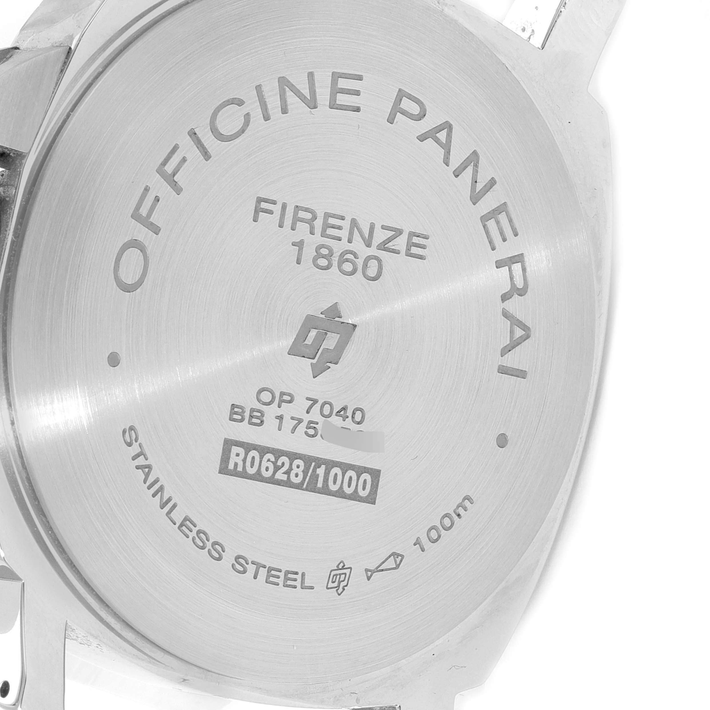 This image shows the stainless steel case back of a Panerai Luminor PAM00630 Men's Stainless Steel White Dial PAM00630 Men's Stainless Steel White Dial watch.