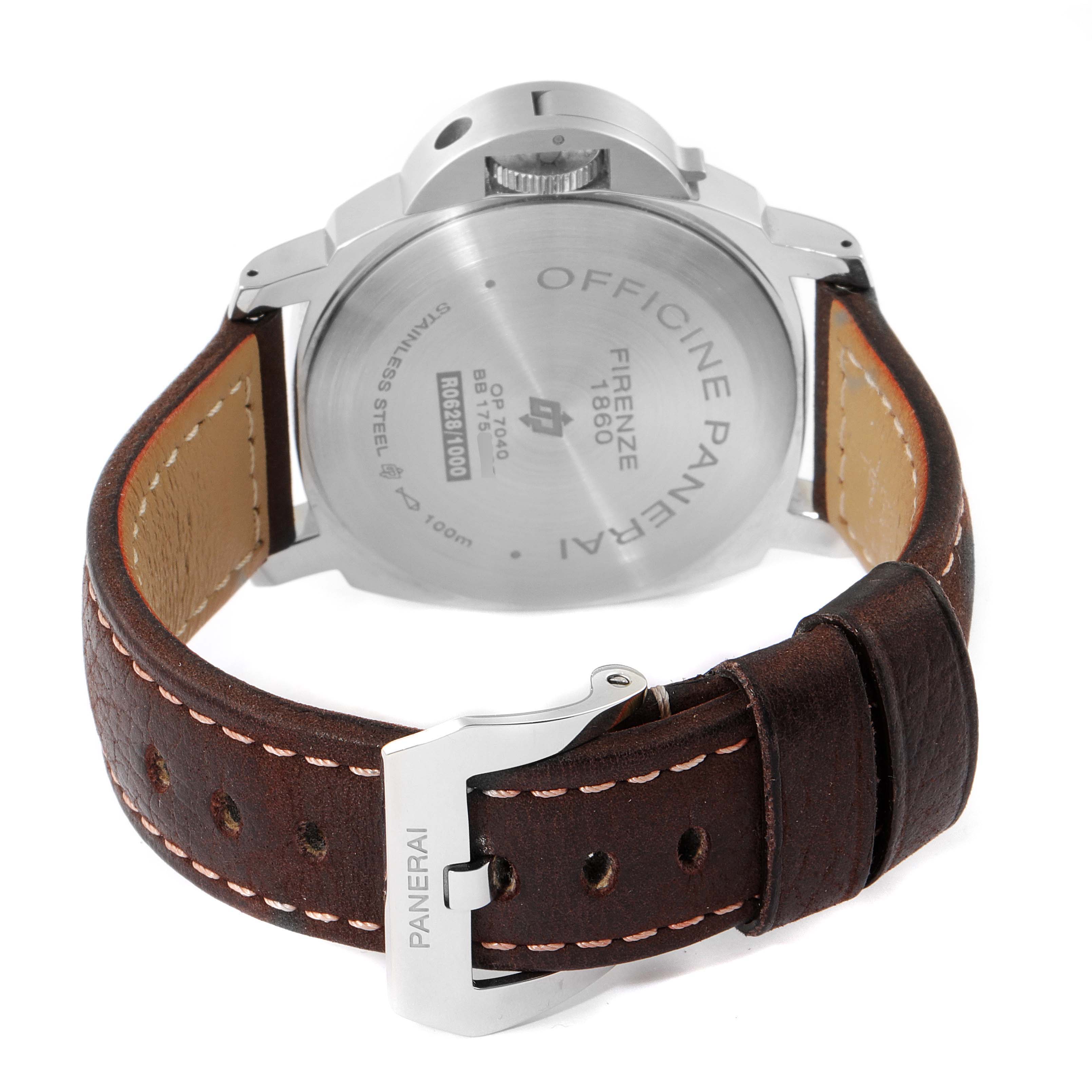 The image shows the back view of a Panerai Luminor PAM00630 Men's Stainless Steel White Dial PAM00630 Men's Stainless Steel White Dial watch, highlighting the case back and leather strap with buckle.