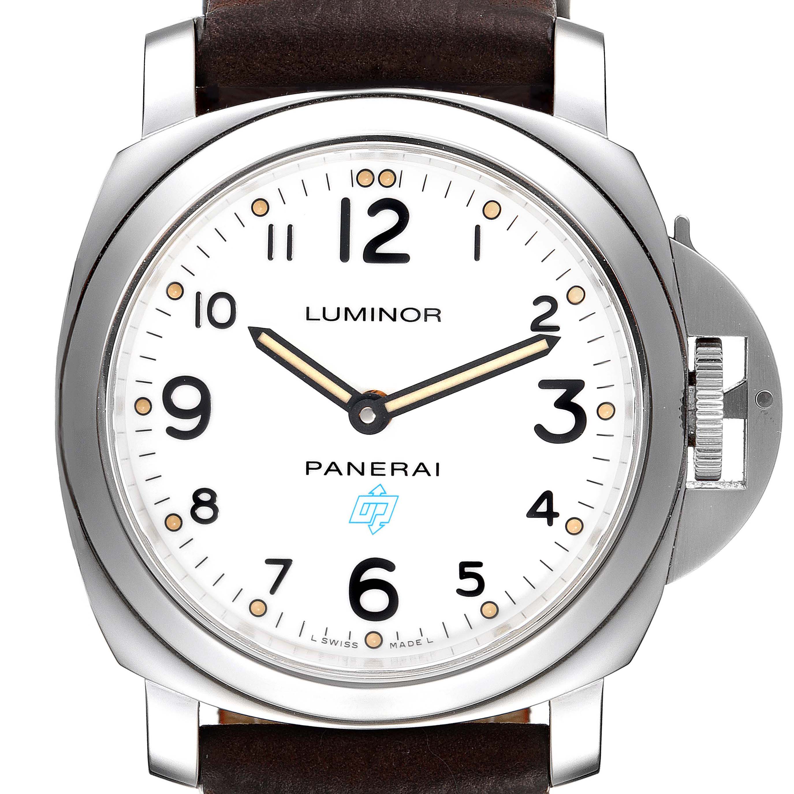 This image shows a front view of the Panerai Luminor PAM00630 Men's Stainless Steel White Dial PAM00630 Men's Stainless Steel White Dial watch, focusing on the dial, hands, and crown guard.
