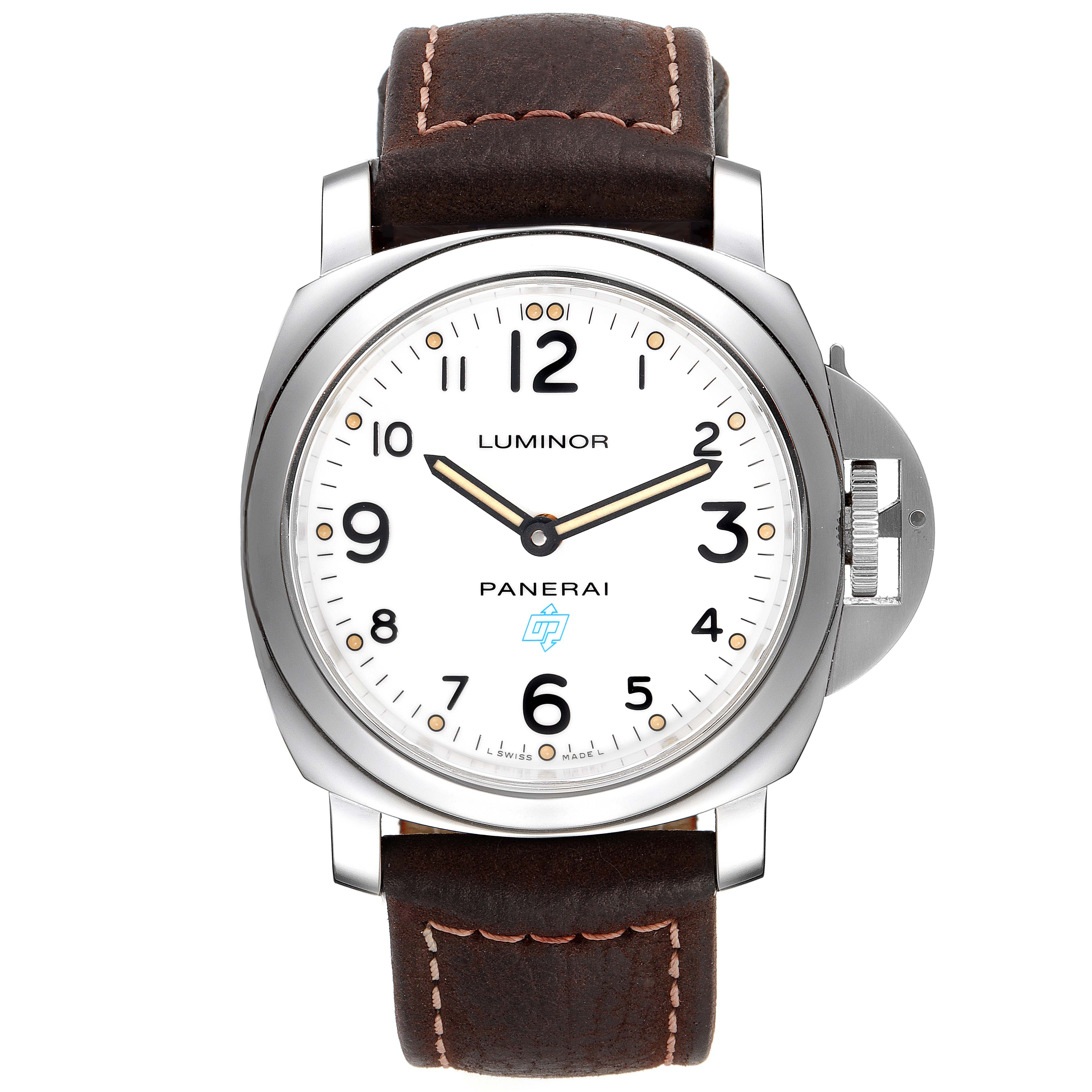 This image shows a front view of a Panerai Luminor PAM00630 Men's Stainless Steel White Dial PAM00630 Men's Stainless Steel White Dial watch with a white dial and brown leather strap.