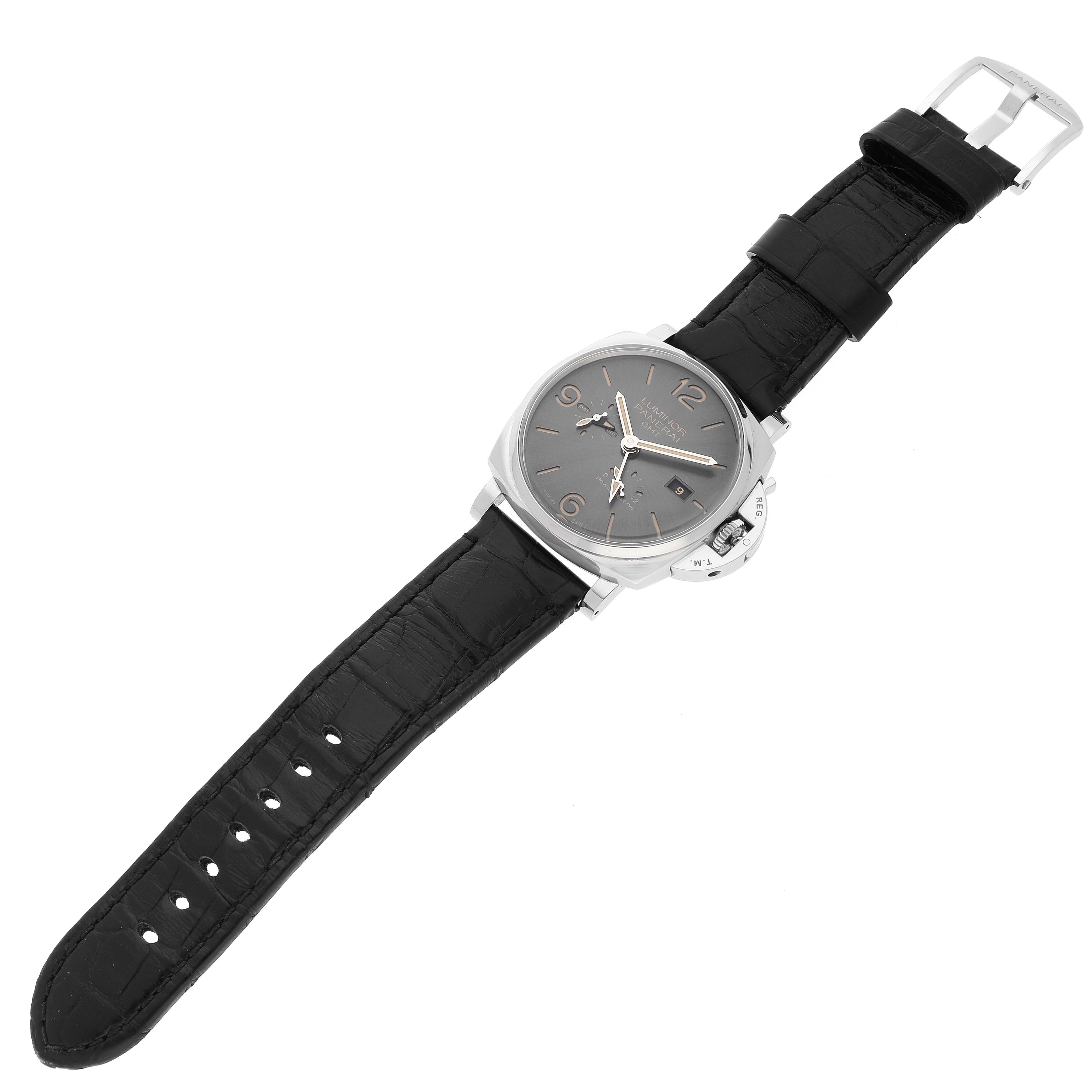 The image shows a top view of a Panerai Luminor Due PAM00944 Men's Stainless Steel Black Dial PAM00944 Men's Stainless Steel Black Dial watch, featuring its black leather strap, dial, and crown guard.