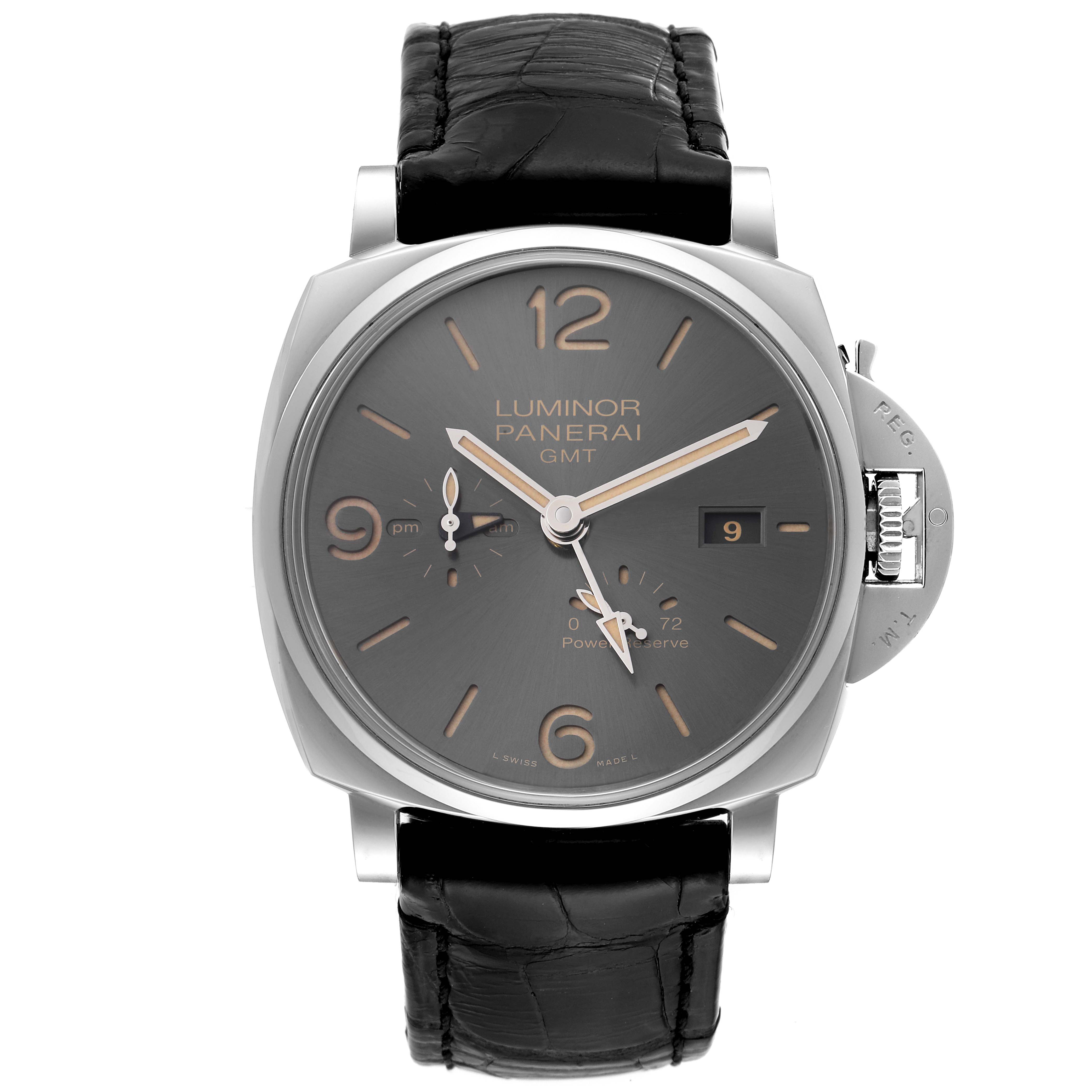 The image shows a front view of a Luminor Due model watch by Panerai with its dial, case, and strap visible.