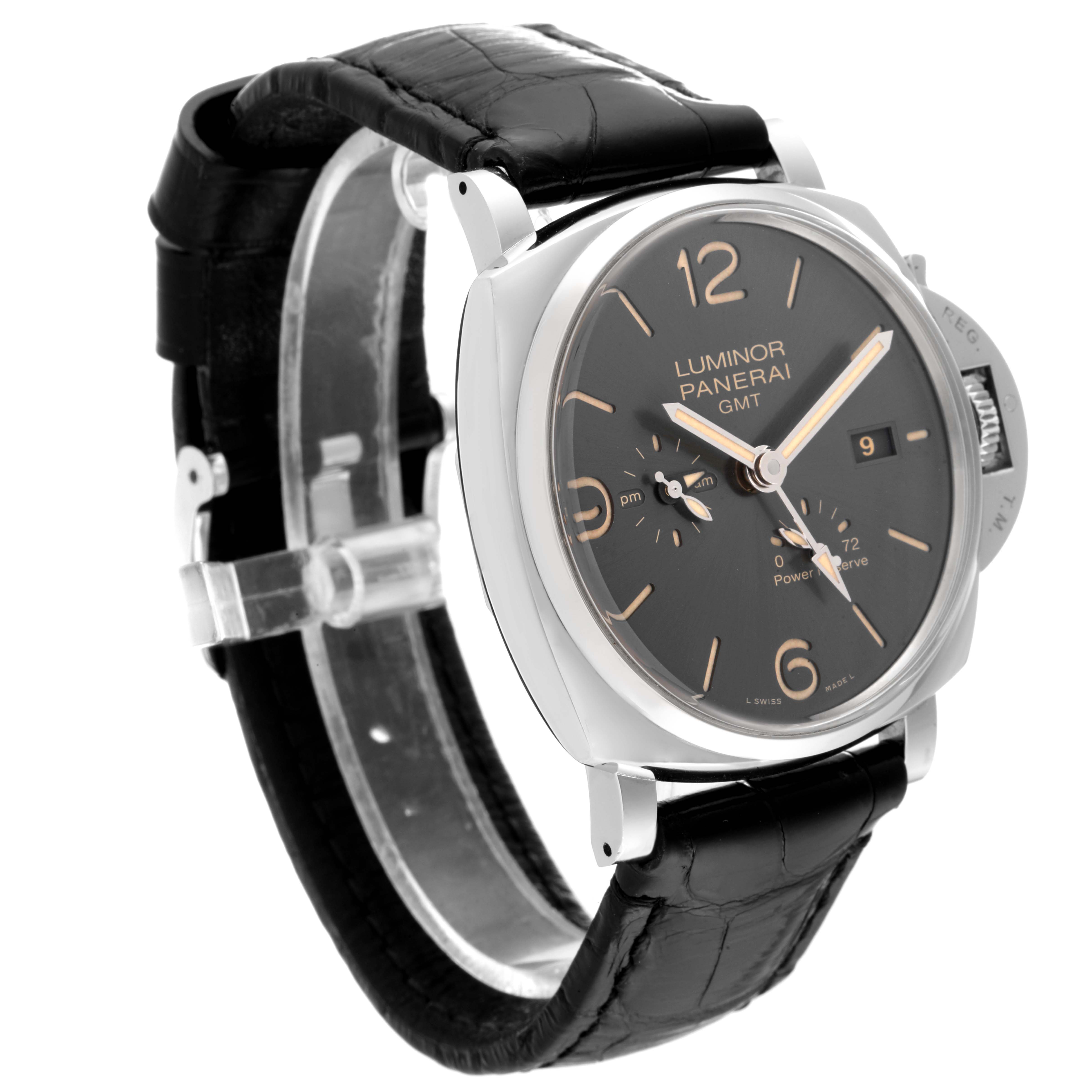 The image shows a Panerai Luminor Due PAM00944 Men's Stainless Steel Black Dial PAM00944 Men's Stainless Steel Black Dial model watch from a front angle, highlighting the case, dial, hands, crown guard, and black leather strap.