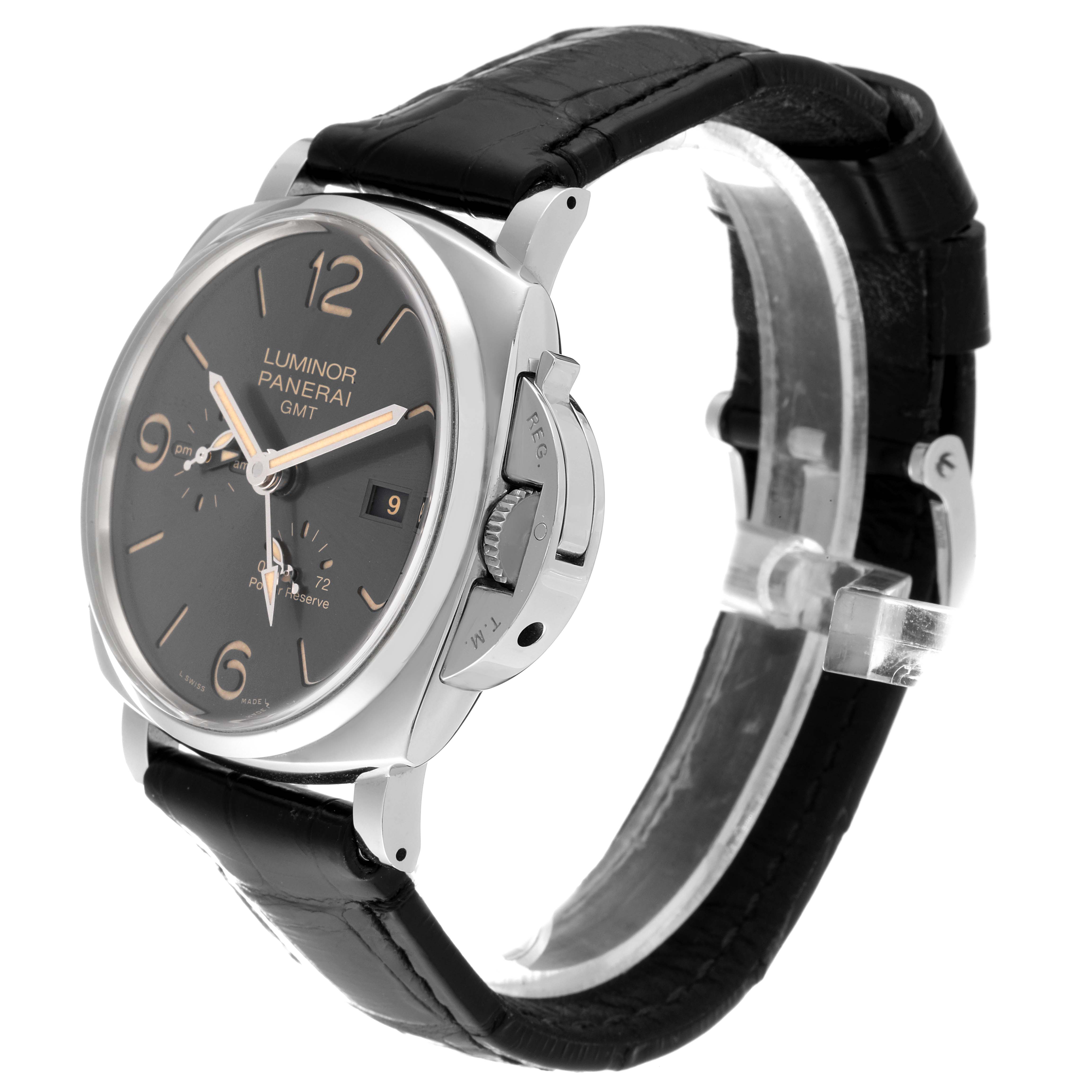 The image shows a Panerai Luminor Due PAM00944 Men's Stainless Steel Black Dial PAM00944 Men's Stainless Steel Black Dial watch angled to display its face, right side crown guard, and black leather strap.