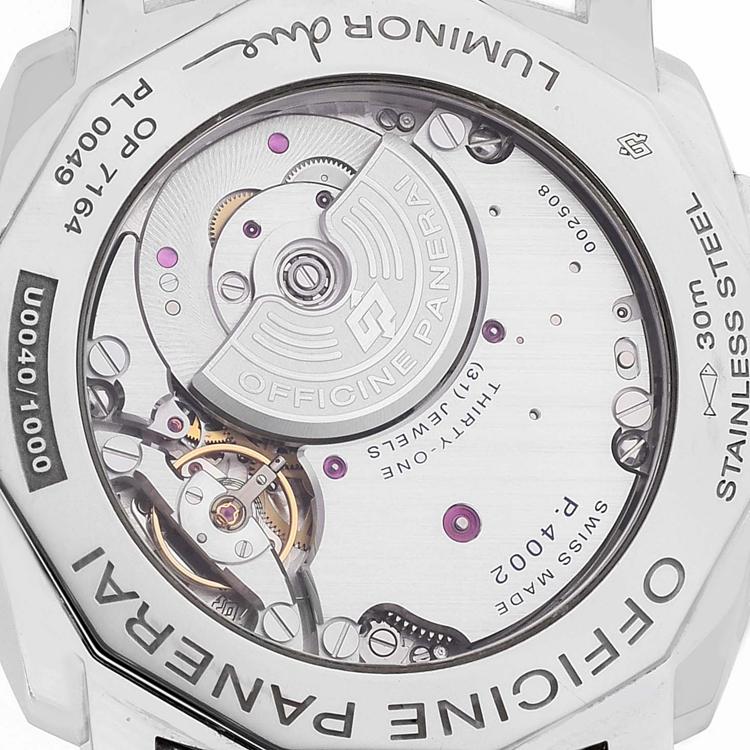 The image shows the back of a Panerai Luminor Due PAM00944 Men's Stainless Steel Black Dial PAM00944 Men's Stainless Steel Black Dial watch, displaying its mechanical movement and internal components.